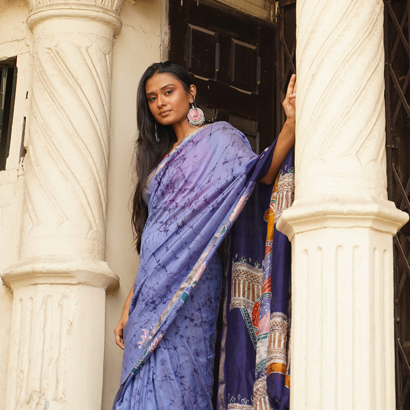Maheshwari Cotton Silk Saree | Batik Print | Blue、mySite、camillekostekn