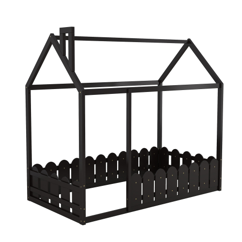 {Slats are not included}Twin Size Wood Bed House Bed Frame with Fence,for Kids,Teens, Girls,Boys {White}{OLD SKU:WF194274AAK}、、casual