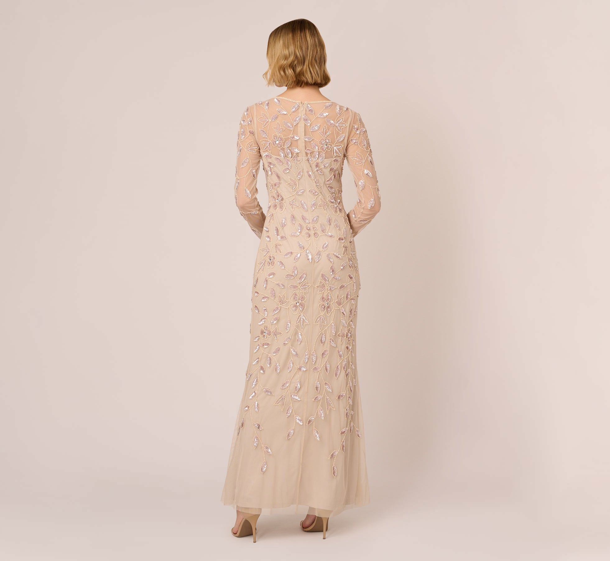Illusion Floral Beaded Gown With Sheer Long Sleeves In Latte、mySite、solidvoid