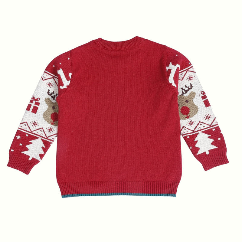 Cotton Reindeer Jacquard Sweater, Lower & Cap Set | Printed | Red | Set of 3、mySite、camillekostekn