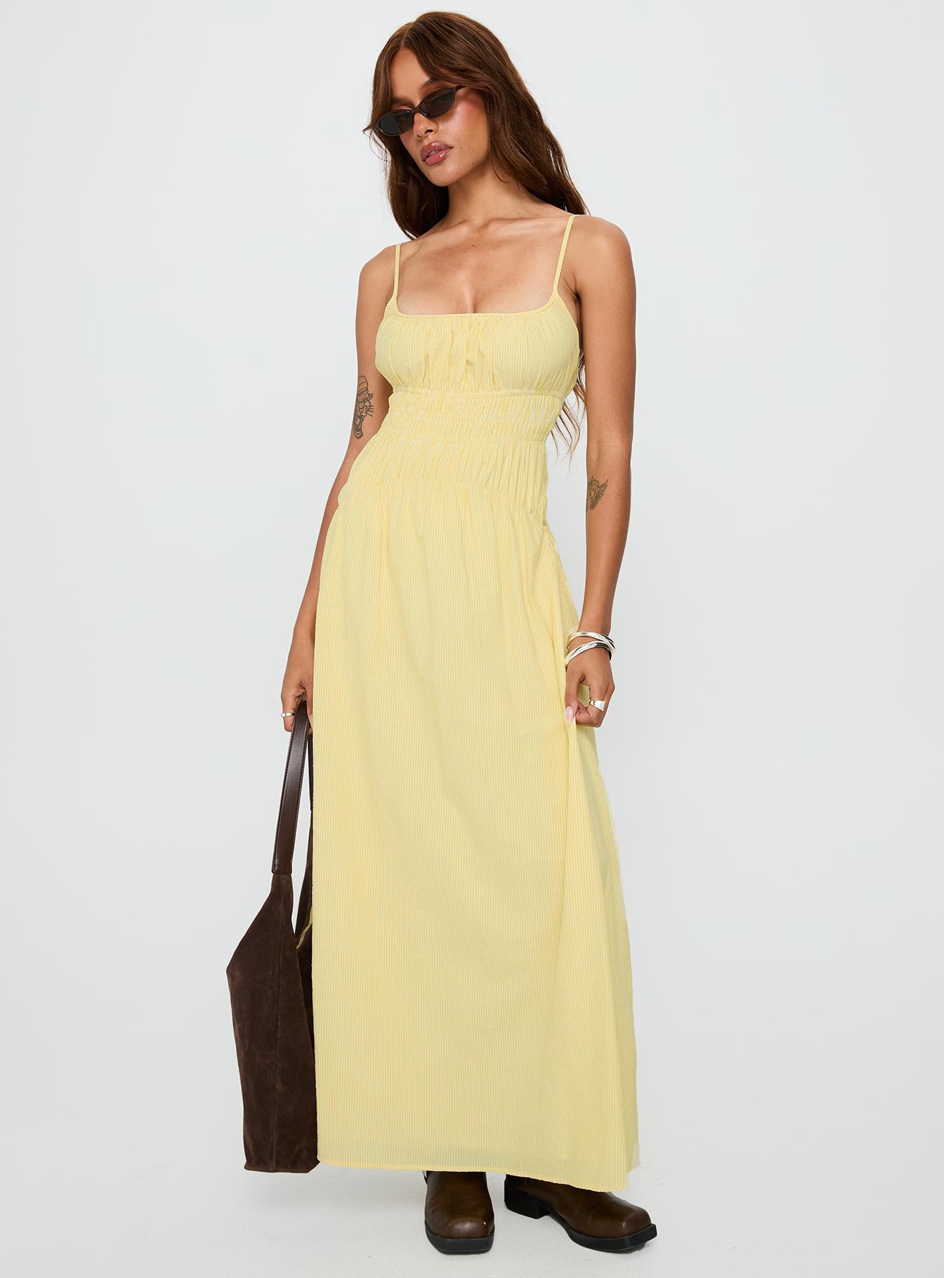 Magnolie Shirred Maxi Dress Yellow Stripe、mySite、solidvoid