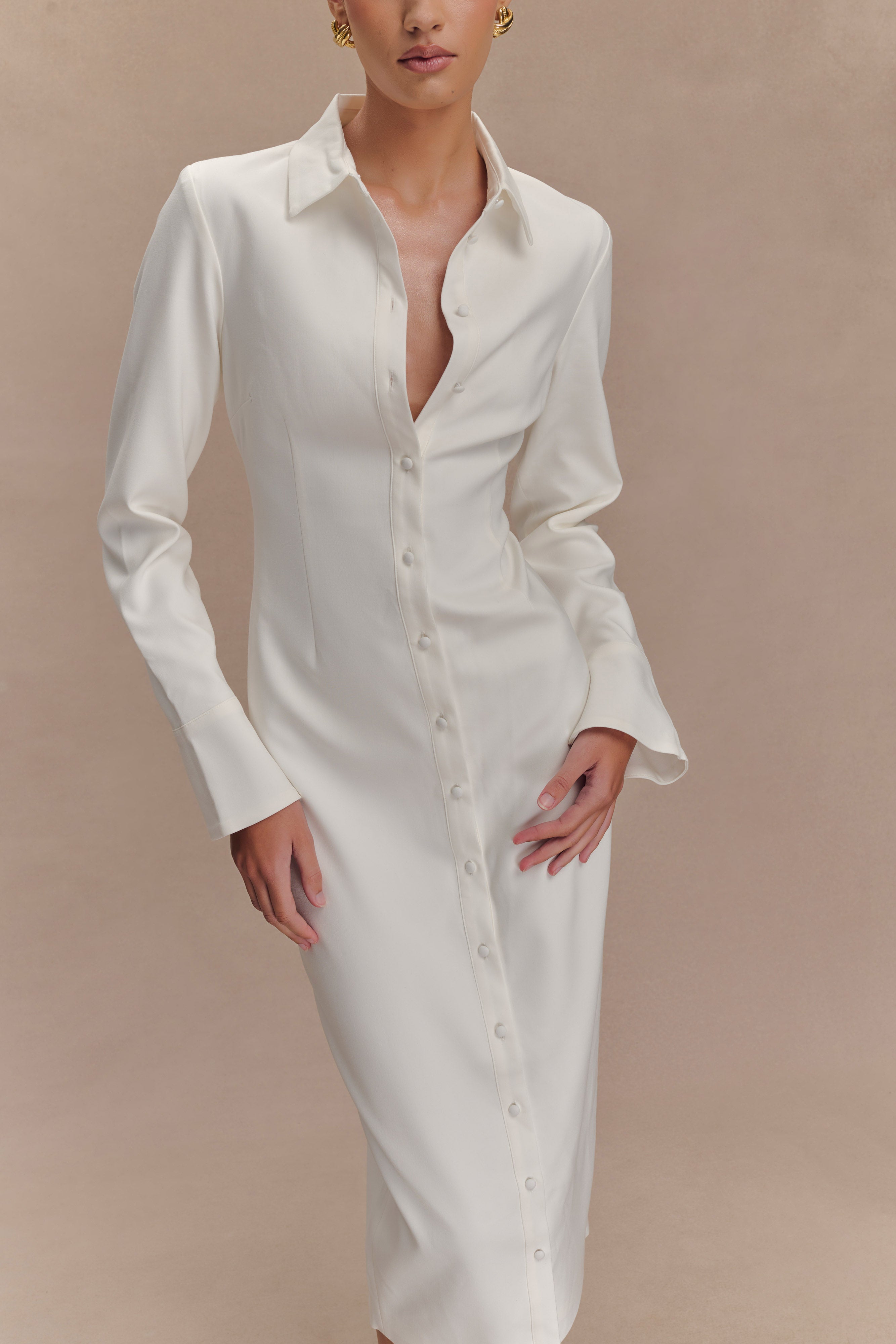 Dorian Fitted Shirt Midi Dress - White、mySite、solidvoid