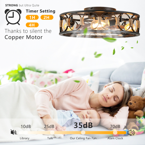 Caged Ceiling Fan with Lights Remote Control,Semi -embedded Modern Ceiling fans, 6 Speeds Reversible Blades, 4 LED Bulbs Include(White)、、eastwooduniform