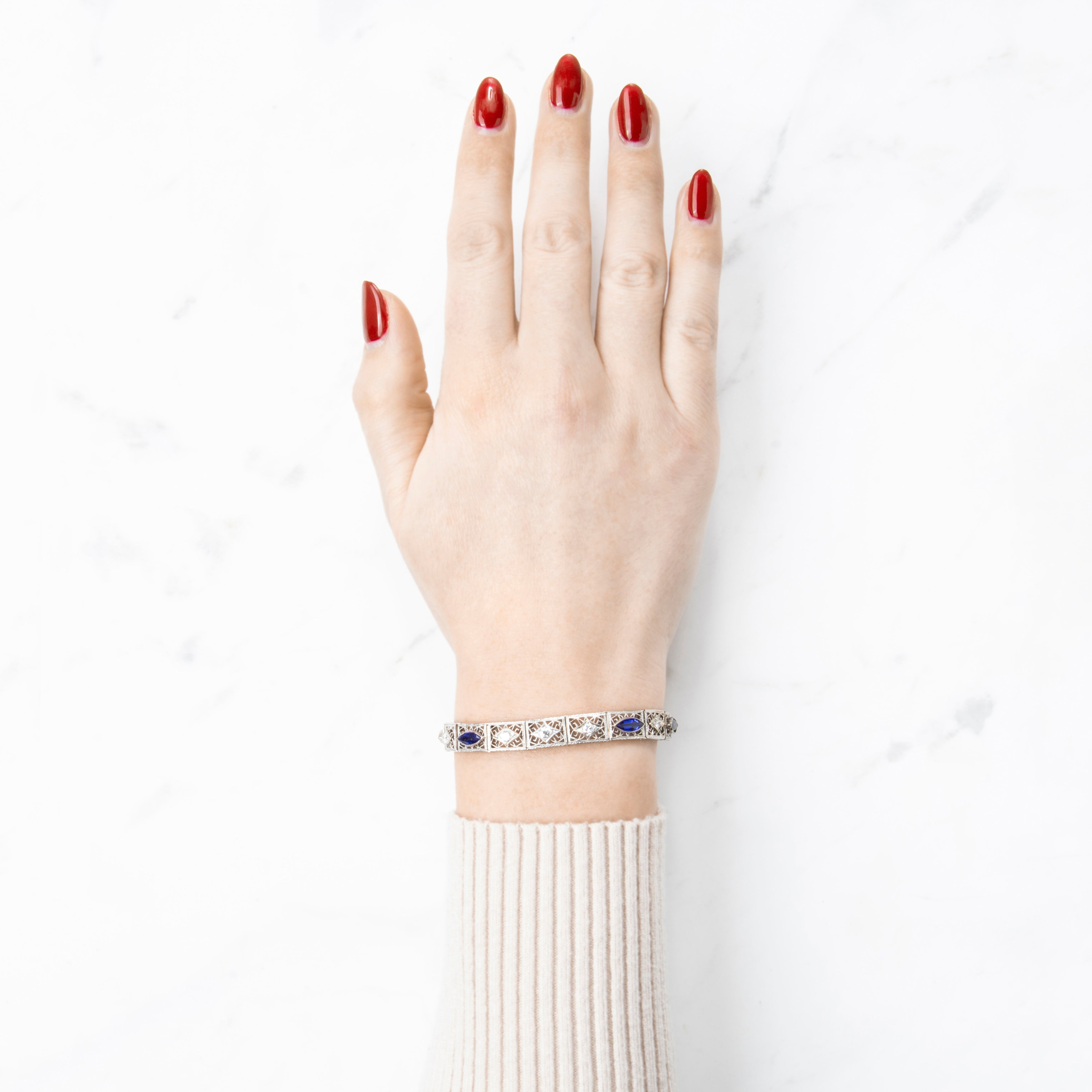 Vintage Platinum & 14k White Gold .774cttw Diamond Synthetic Blue Sapphire Filigree Bracelet、mySite、hinf8tx79