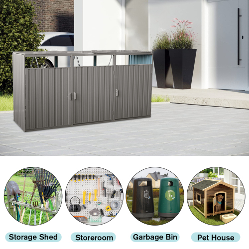 Garbage Bin Shed Stores 3 Trash Cans Metal Outdoor Bin Shed for Garbage Storage,Stainless Galvanized Steel, Bin Shed for Garden Yard Lawn,Grey、、eastwooduniform