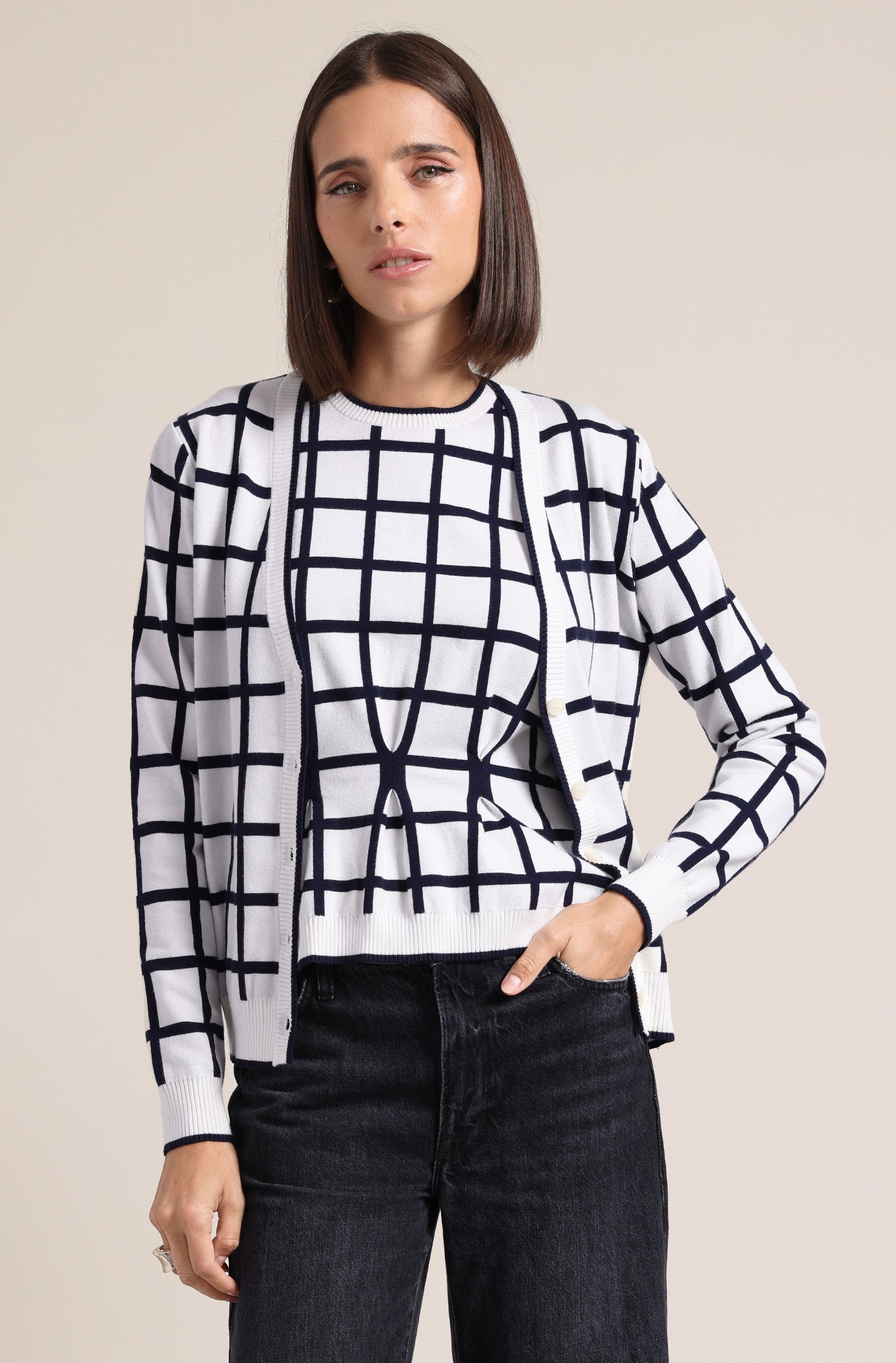 Minnie Rose Windowpane V-Neck Cardigan - Final Sale、mySite、noshort