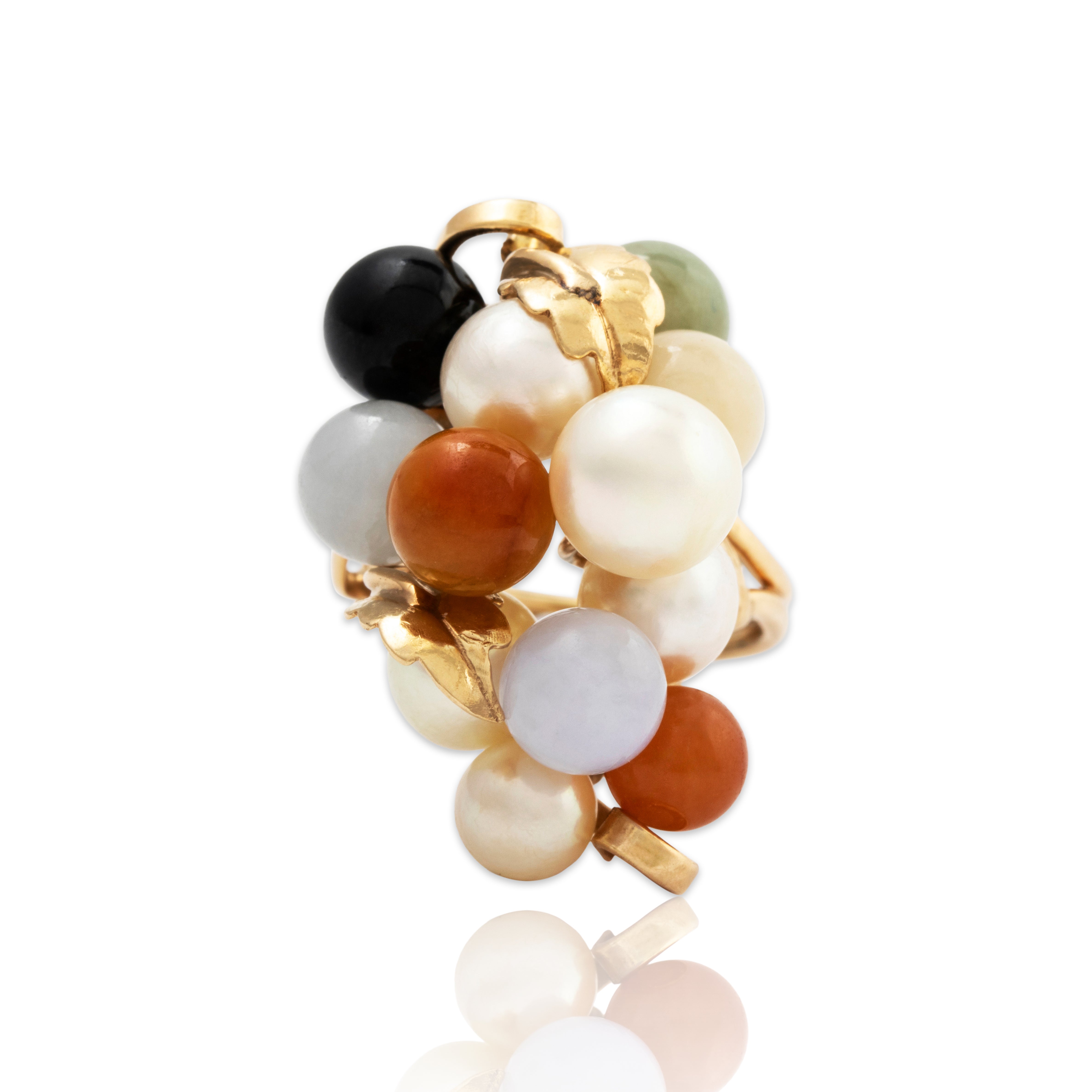 Vintage Ming's 14k Yellow Gold Pearl Carnelian Onyx & Jade Cocktail Ring 6.00、mySite、hinf8tx79