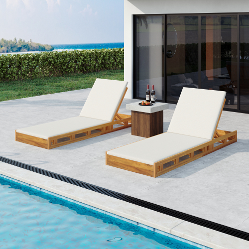 LOUNGE CHAISE SET, ACACIA WOOD WITH WATER-RESISTANT LOUNGE CUSHIONS (CREAM & 4 INCH THICK) - MATCHING DARK GREY VERSION AVAILABLE、、eastwooduniform