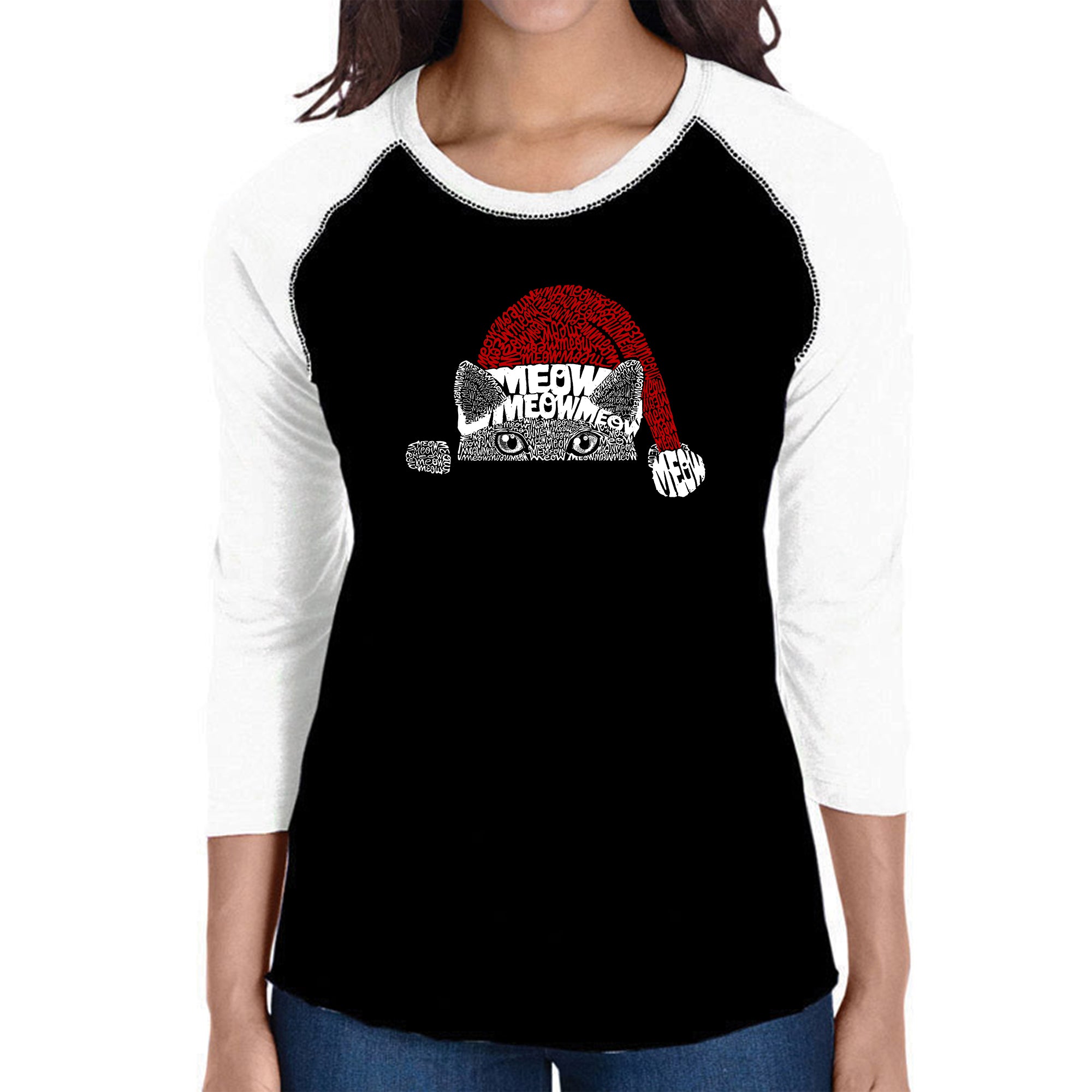 Christmas Peeking Cat - Women's Raglan Word Art T-Shirt、mySite、camillekostekn