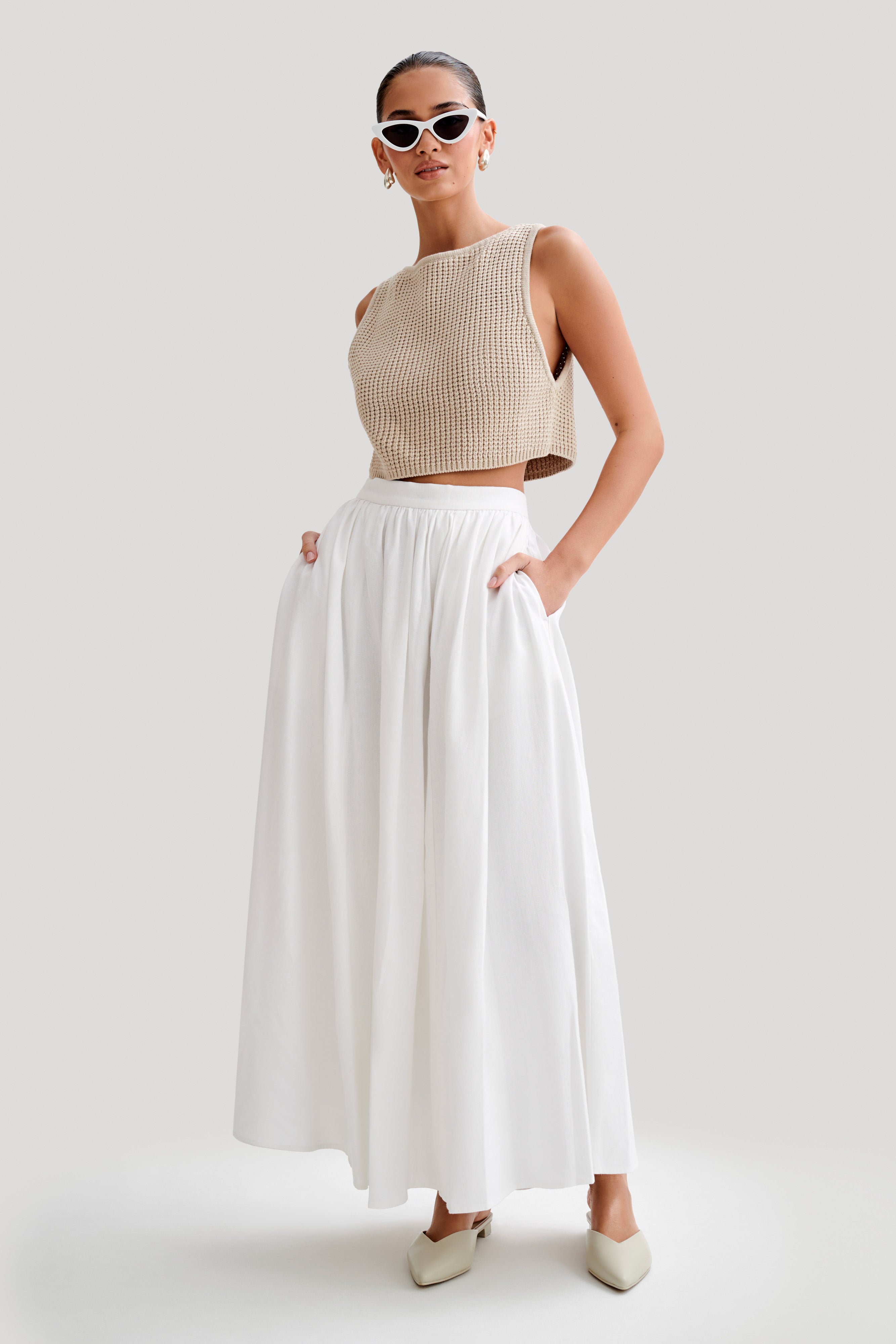 Clarence Linen A-Line Maxi Skirt - White、mySite、solidvoid