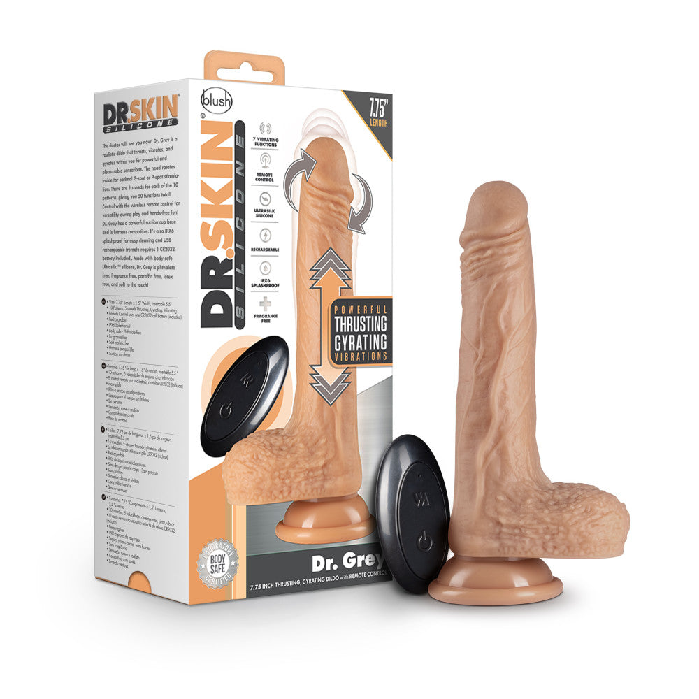 Dr. Skin Silicone By Blush® | Dr. Grey Vanilla 7.75-Inch Long Rechargeable Thrusting & Vibrating Dildo With Suction Cup Base、mySite、bottomscart