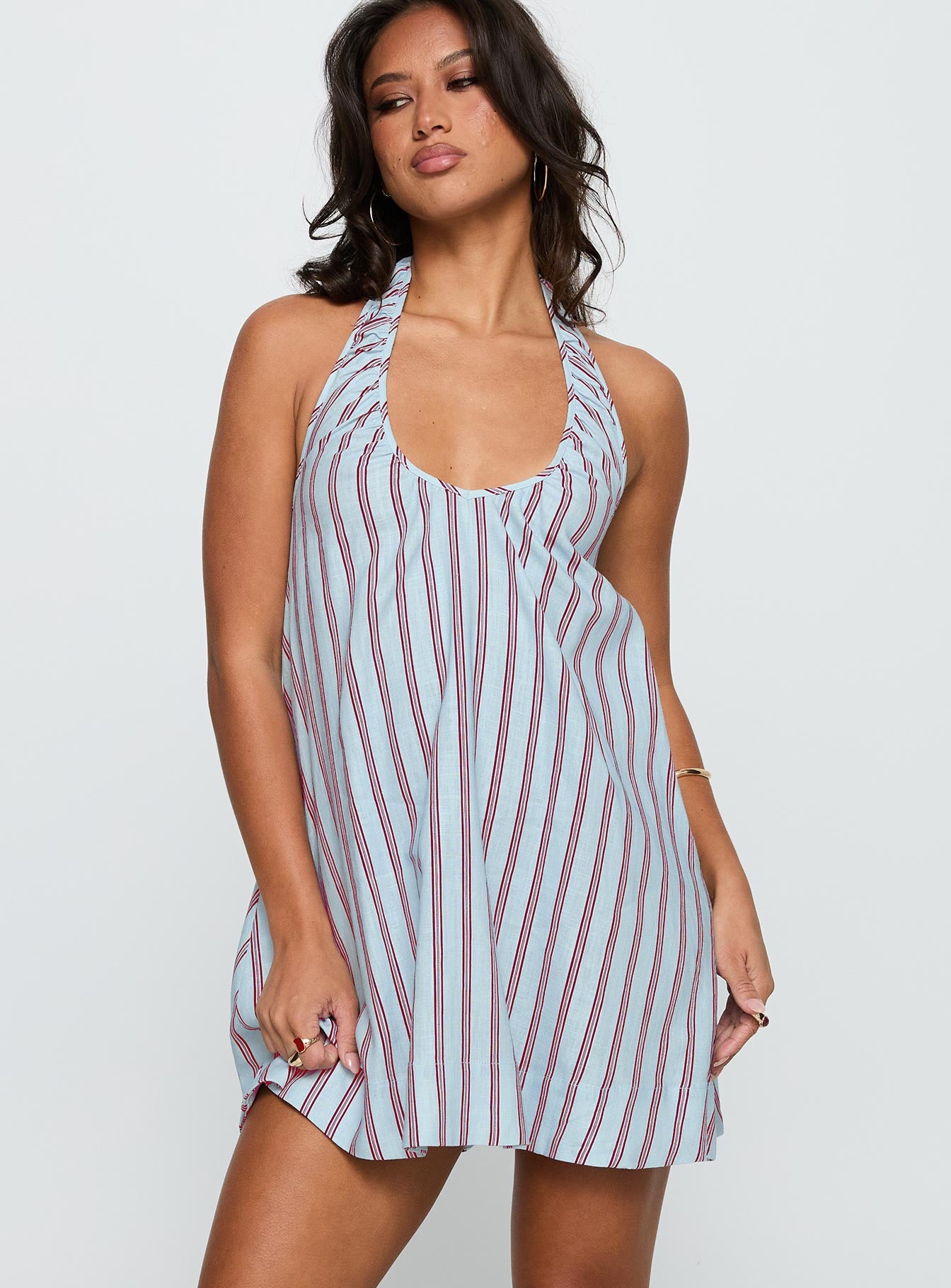 Daydreams Linen Blend Halter Mini Dress Blue / Maroon Stripe、mySite、solidvoid