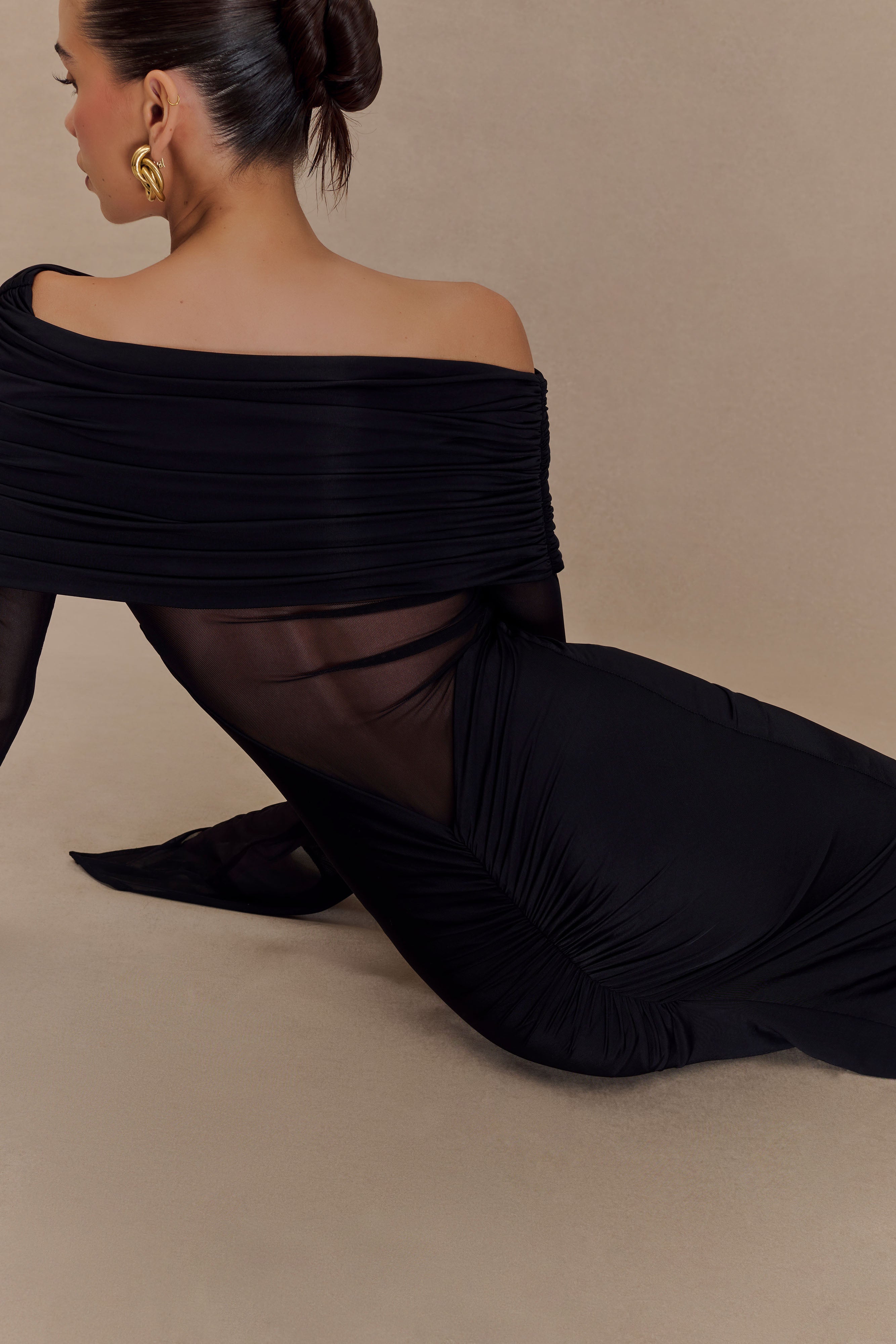 Kaitlin One Shoulder Slinky And Mesh Maxi Dress - Black、mySite、solidvoid