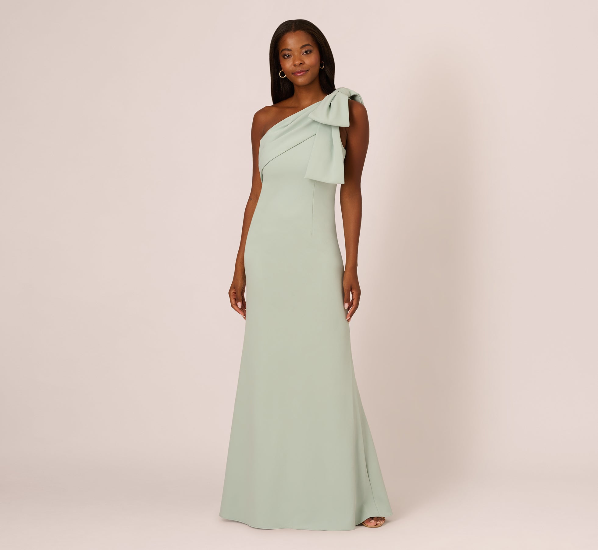Stretch Crepe One Shoulder Mermaid Gown With Bow Accent In Icy Sage、mySite、solidvoid