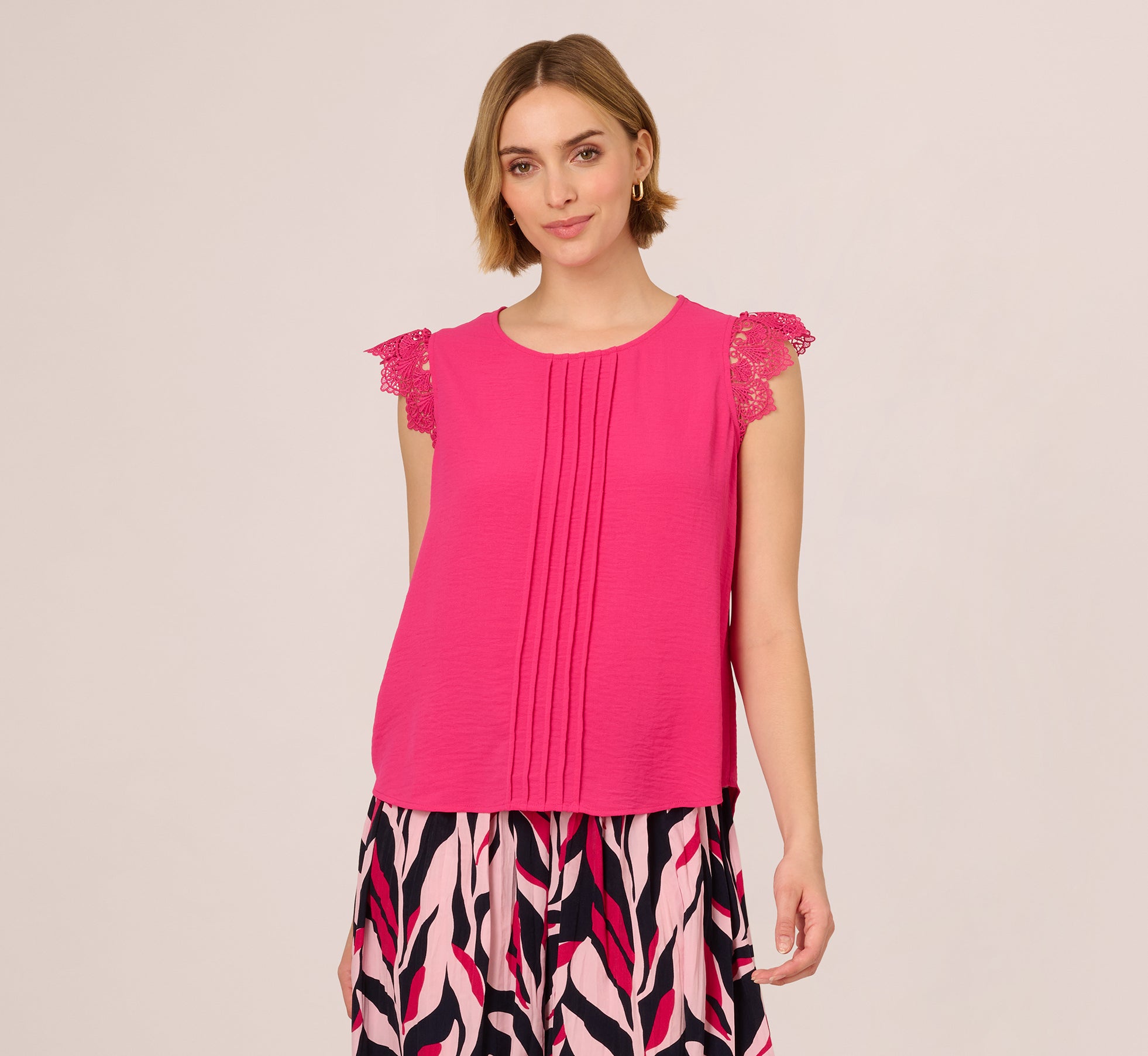 Sleeveless Lace Shoulder Pintucked Top In Hot Pink、mySite、solidvoid