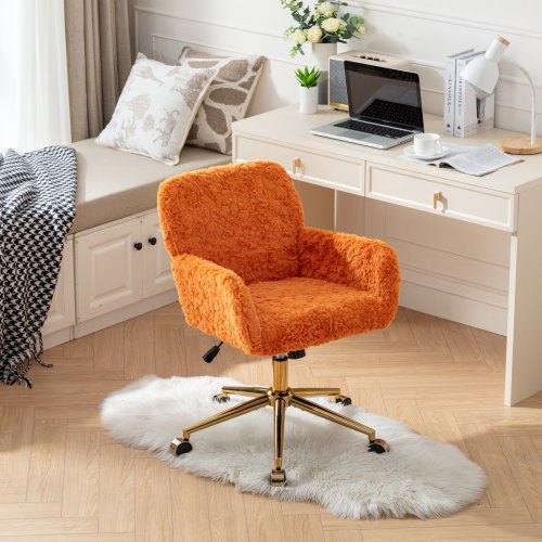 A&A Furniture Office Chair,Artificial rabbit hair Home Office Chair with Golden Metal Base,Adjustable Desk Chair Swivel Office Chair,Vanity Chair(Orange)、、casual