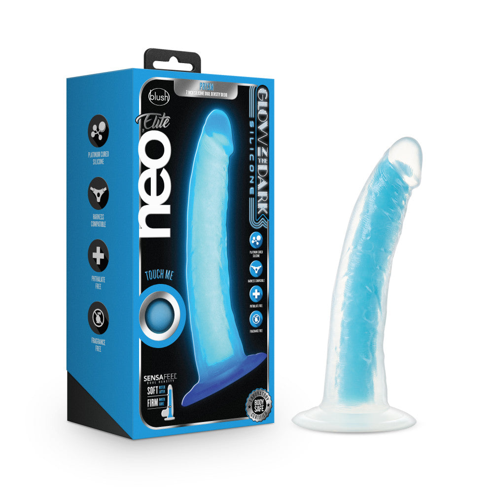 Neo Elite By Blush® | Prysm Glow In The Dark Neon Blue: 7-Inch Long Dildo - Made with Purio™ Silicone & SensaFeel® Dual Density Realistic Technology、mySite、bottomscart