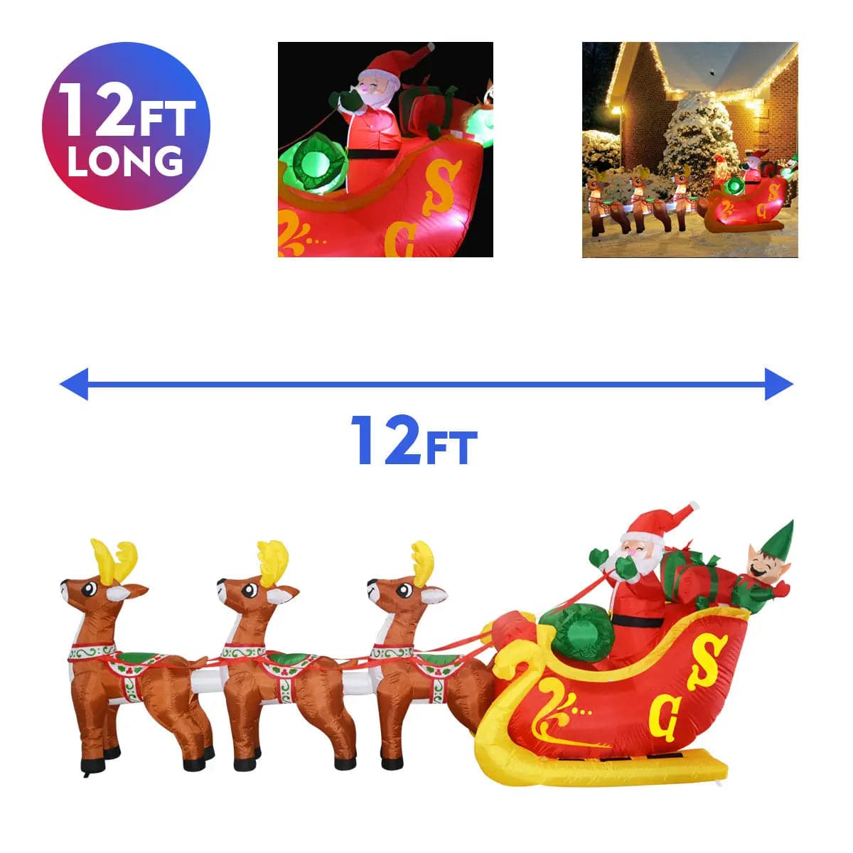Santa Reindeer Sleigh 12 ft Christmas Inflatable Outdoor/Indoor Decoration with Built-in LED Lights、mySite、g9winljtr