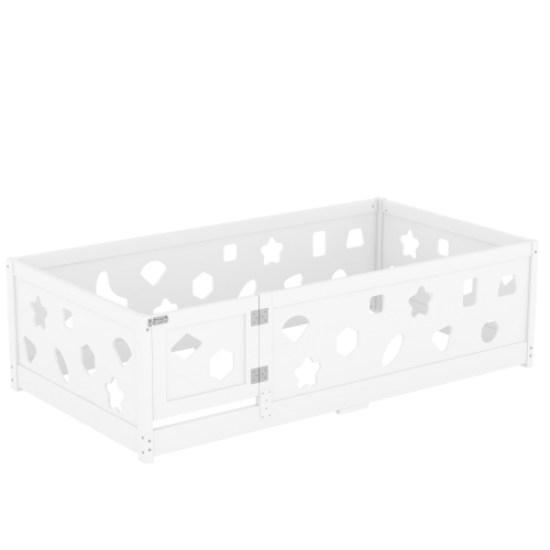 Twin Size Floor Bed with Heightened Safety Guardrails and Door, Solid Wood Bedframe with Rails for Girls, Boys, Teens, Child Bedroom, Kids Playroom, No Slats Included, White、、casual