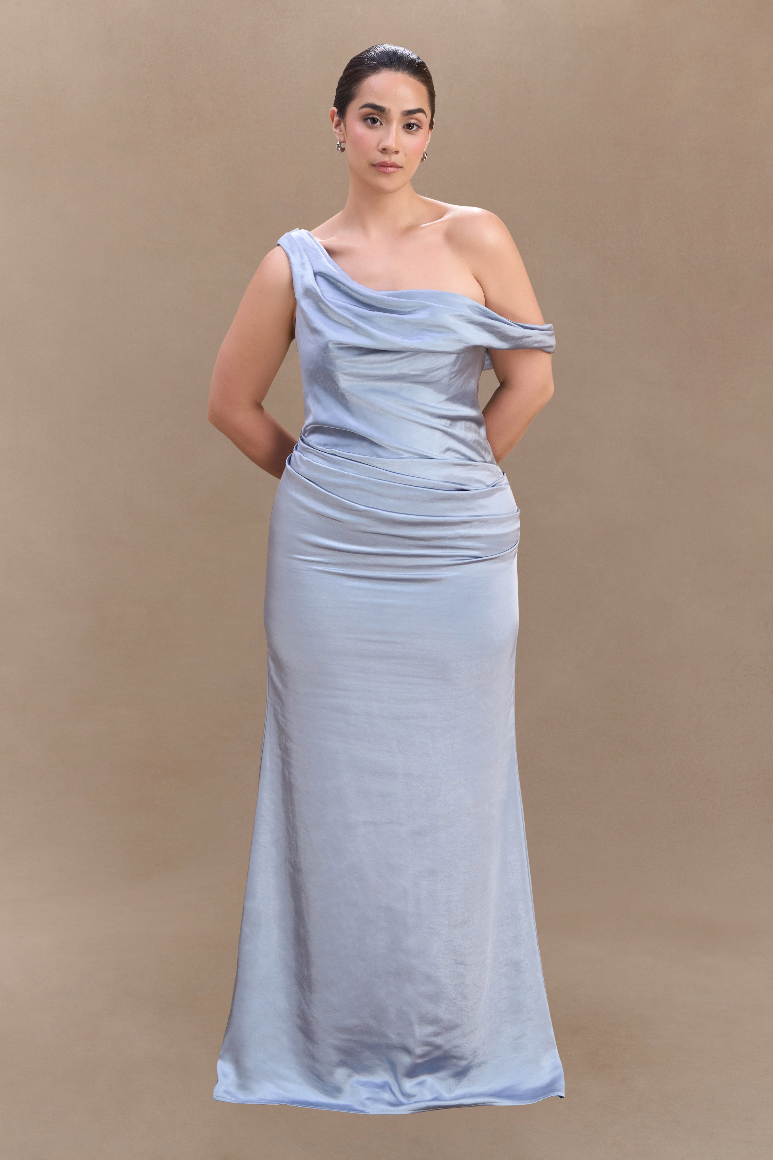 Dalia Off Shoulder Satin Maxi Dress - Frosted Blue、mySite、solidvoid