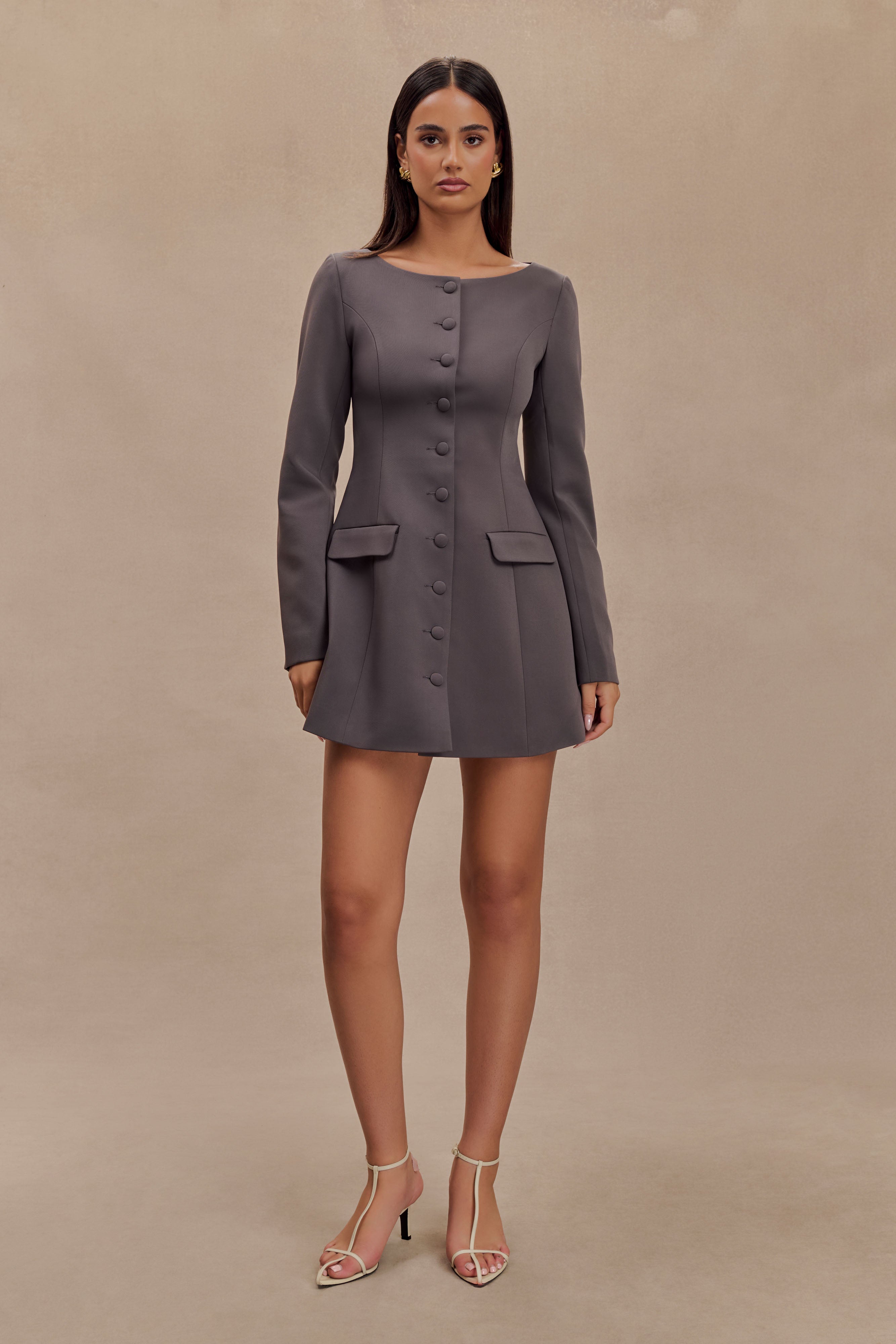 Jolie Boat Neck Suiting Mini Dress - Charcoal Grey、mySite、solidvoid