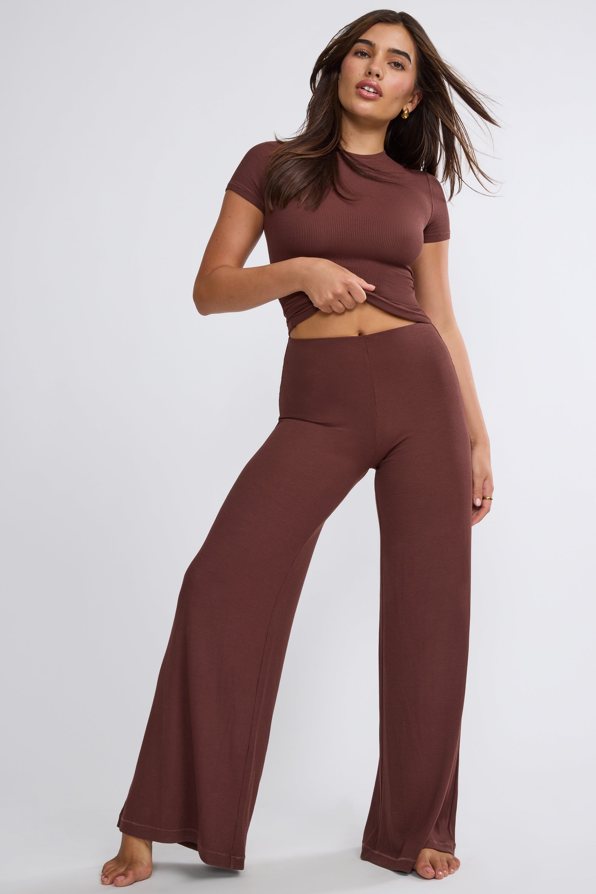Petite Mid Rise Wide Leg Trouser in Chocolate、mySite、solidvoid