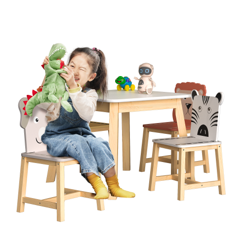 Kids Table and 2 Chairs Set, 3 Pieces Toddler Table and Chair Set, Wooden Activity Play Table Set (Lion&Monkey)、、casual