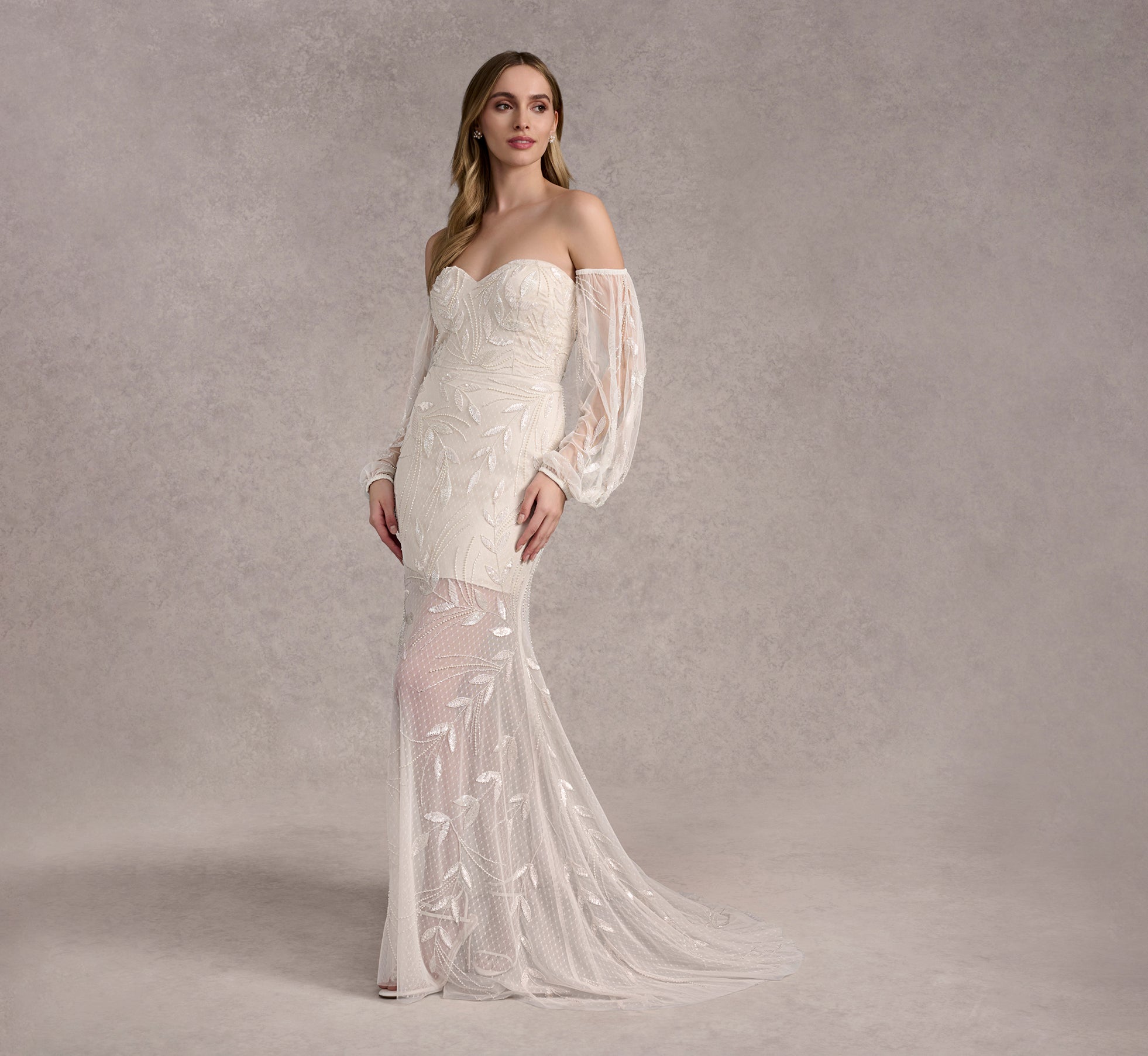 Hand Beaded Strapless Fit And Flare Gown With Detachable Puff Sleeves In Ivory/Pearl In Ivory Pearl、mySite、solidvoid