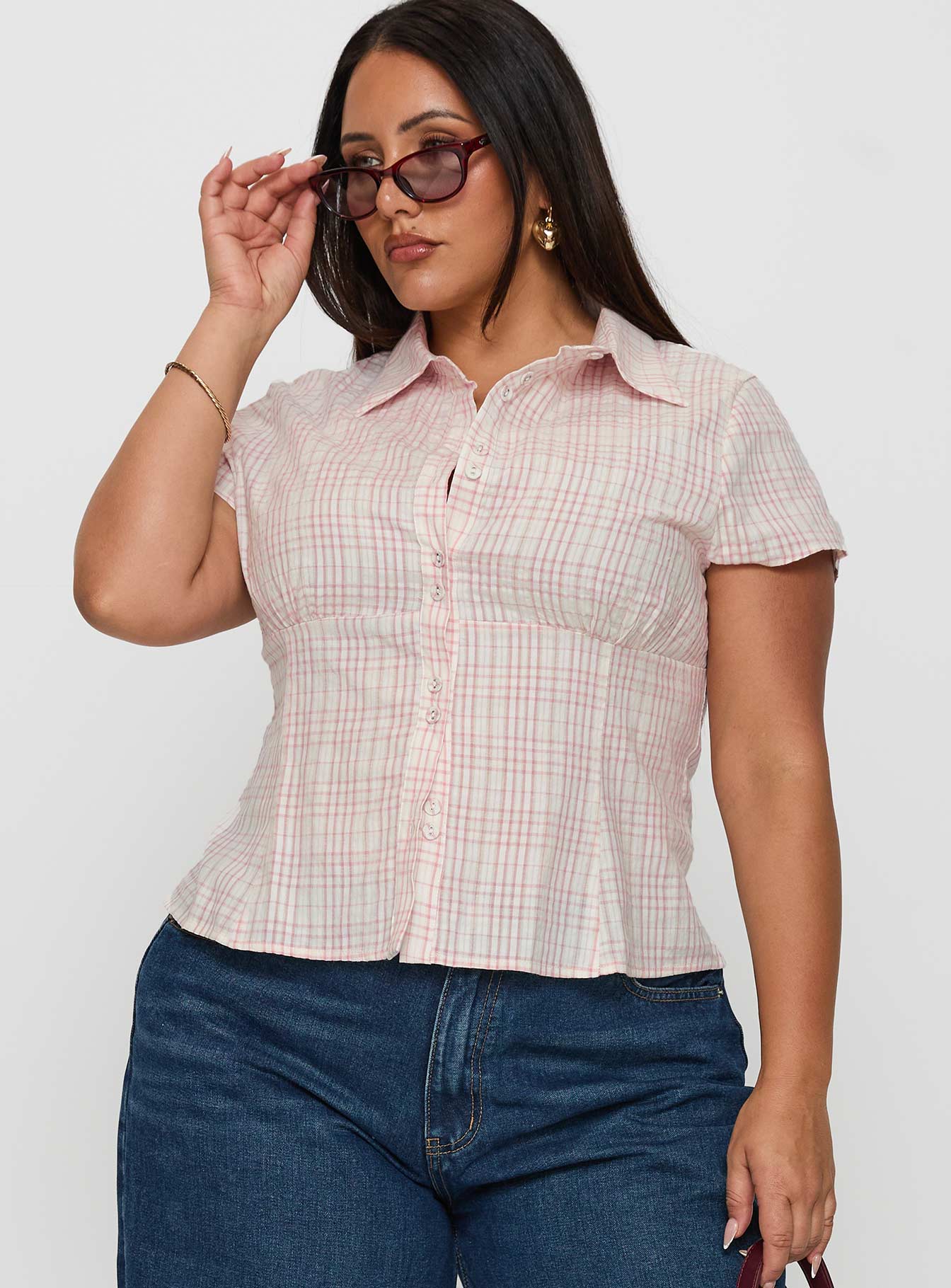 Cottesloe Blouse Top Pink Check Curve、mySite、solidvoid