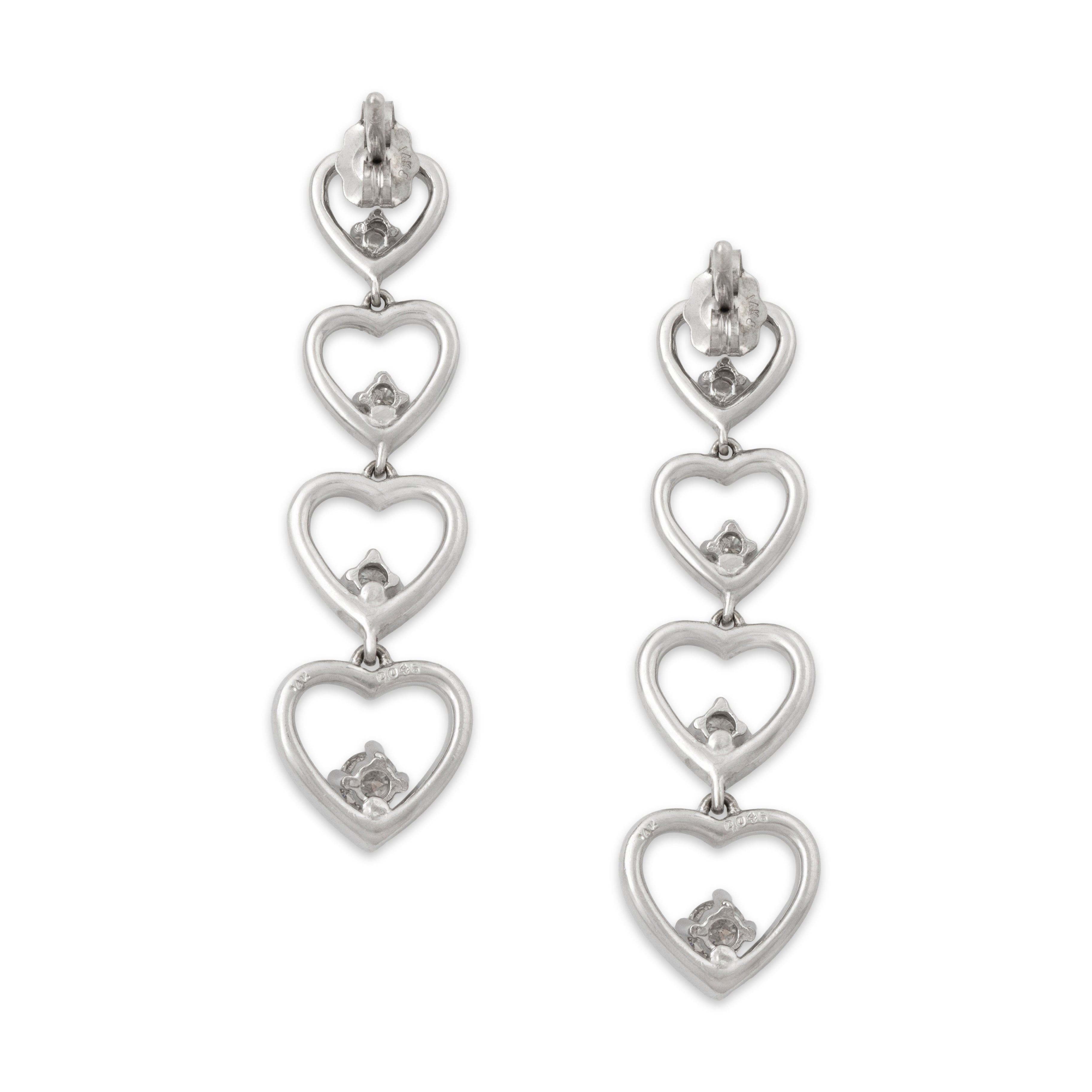 Vintage 14k White Gold .46cttw Diamond Cascade of Hearts Dangle Earrings、mySite、hinf8tx79
