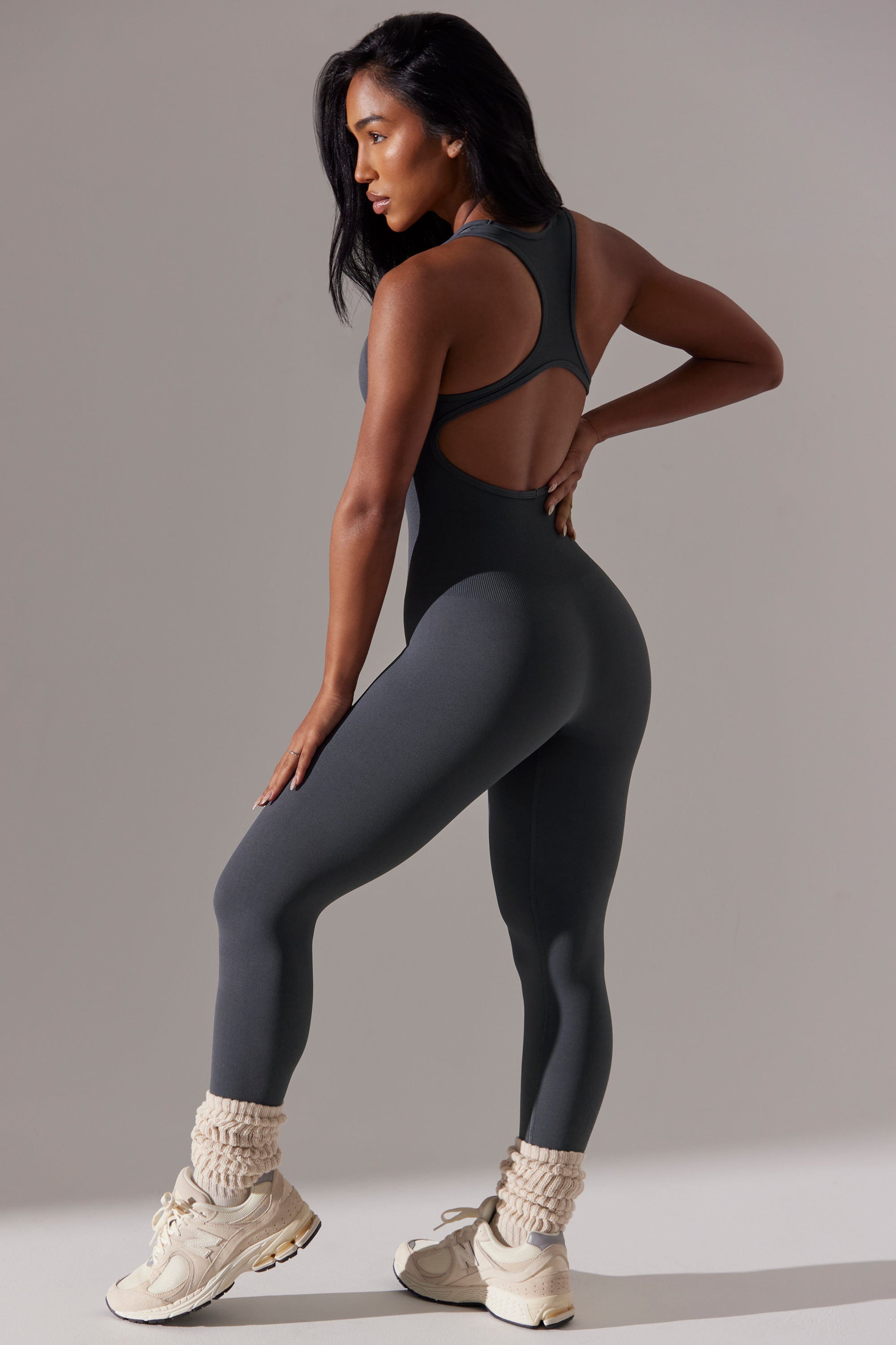 Full Length Cut Out Back Unitard in Grey、mySite、solidvoid