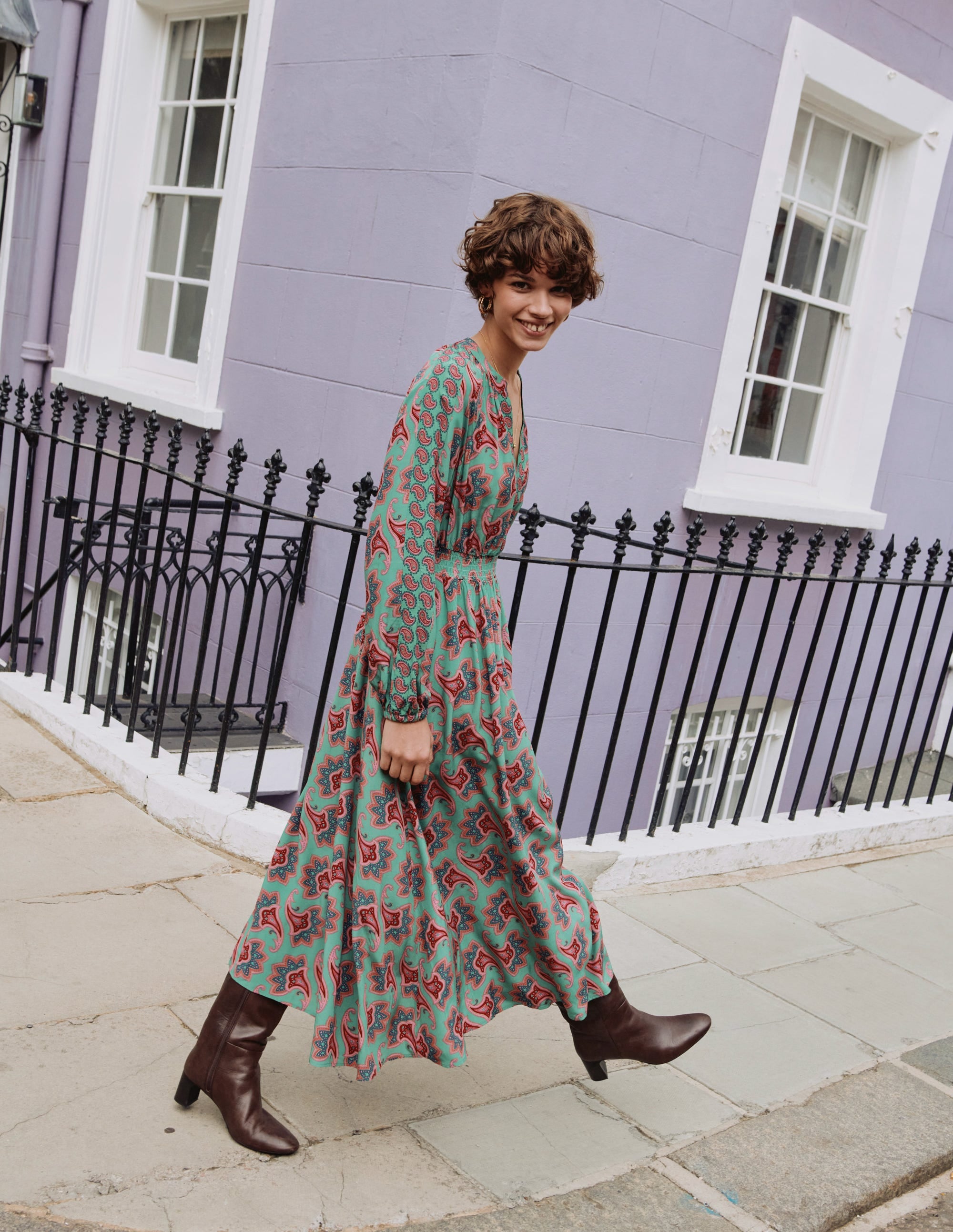  Border Print Raglan Midi Dress-Green, Paisley Amaryllis、mySite、ashleygrahame