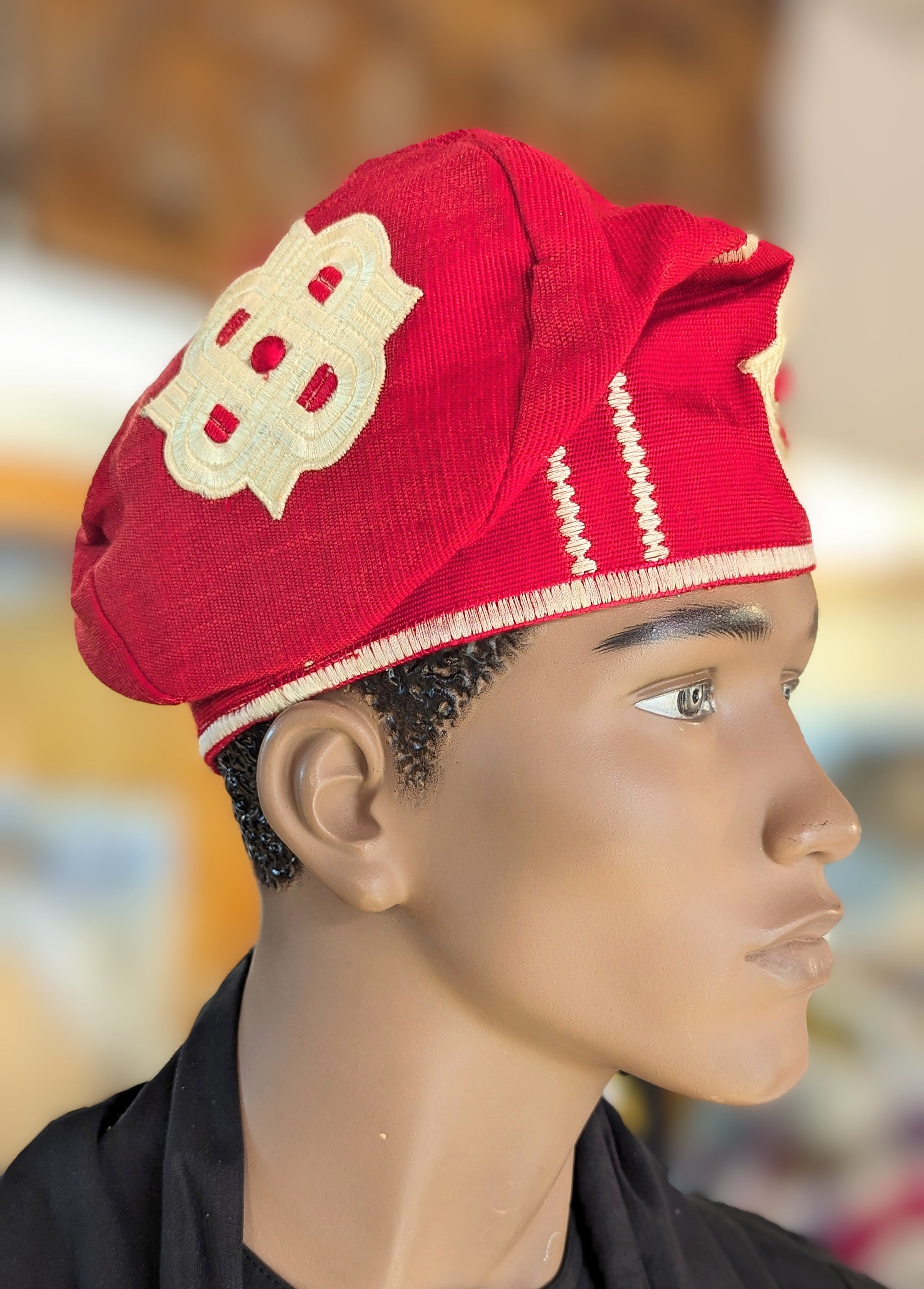 Dupsie's Adeagbo Royal Red Nigerian African Beige Cream Embroidered Aso Oke Handwoven Fila Kufi Cap Hat DPHARCB30、mySite、solidvoid