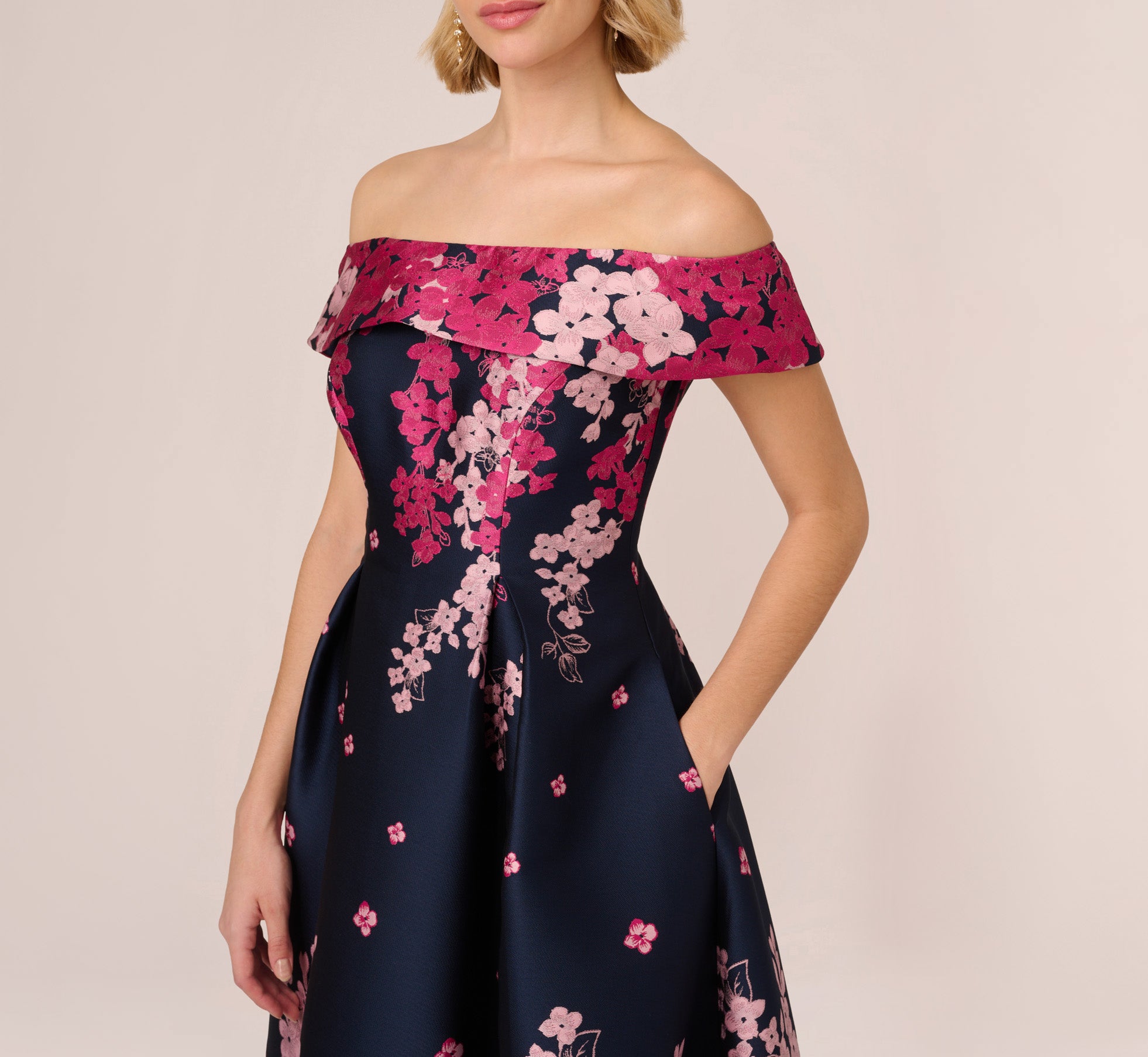Floral Jacquard Ankle Length Dress With Off The Shoulder Neckline In Navy Pink Multi、mySite、solidvoid