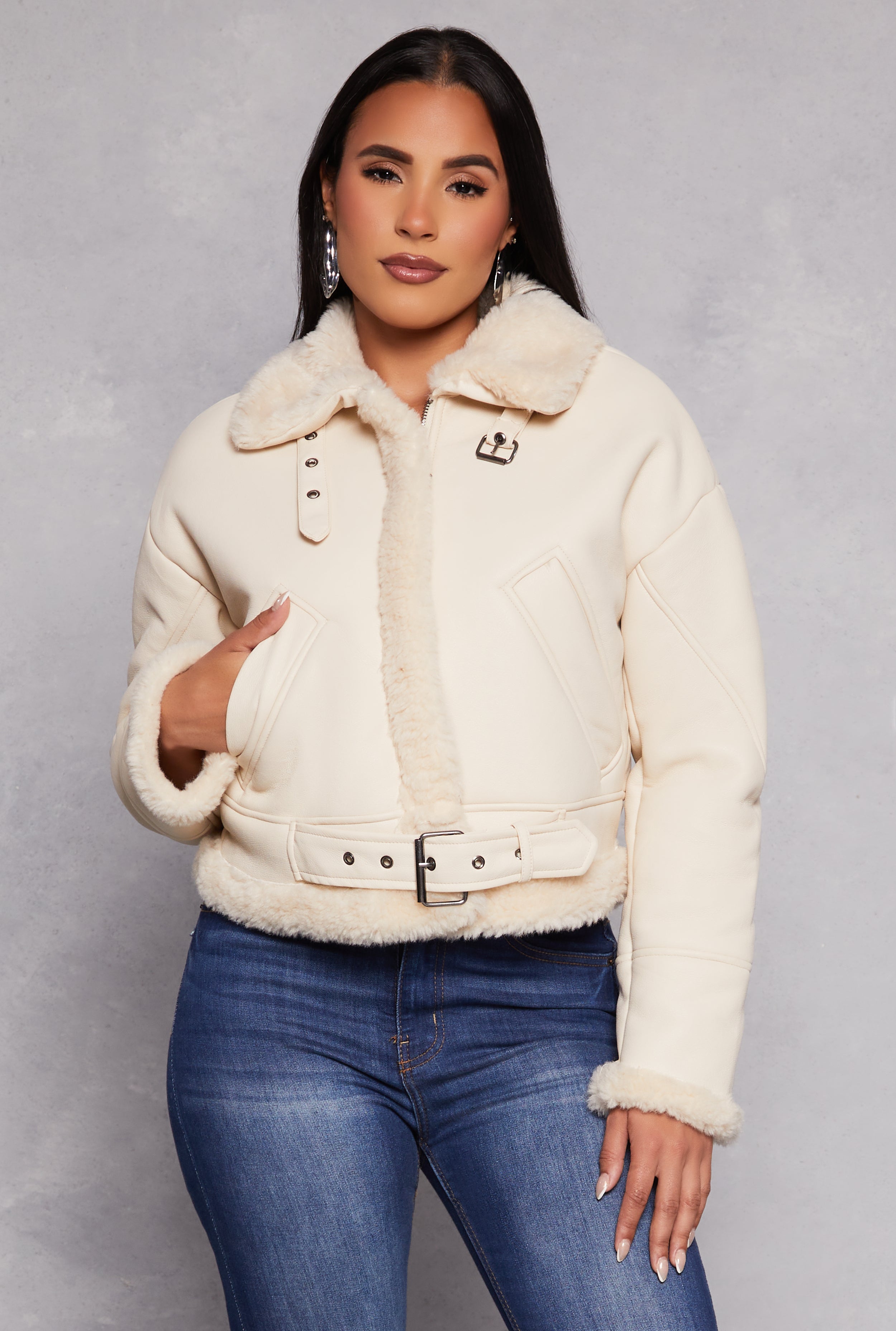 Faux Leather Faux Fur Lined Moto Jacket、mySite、camillekostekn