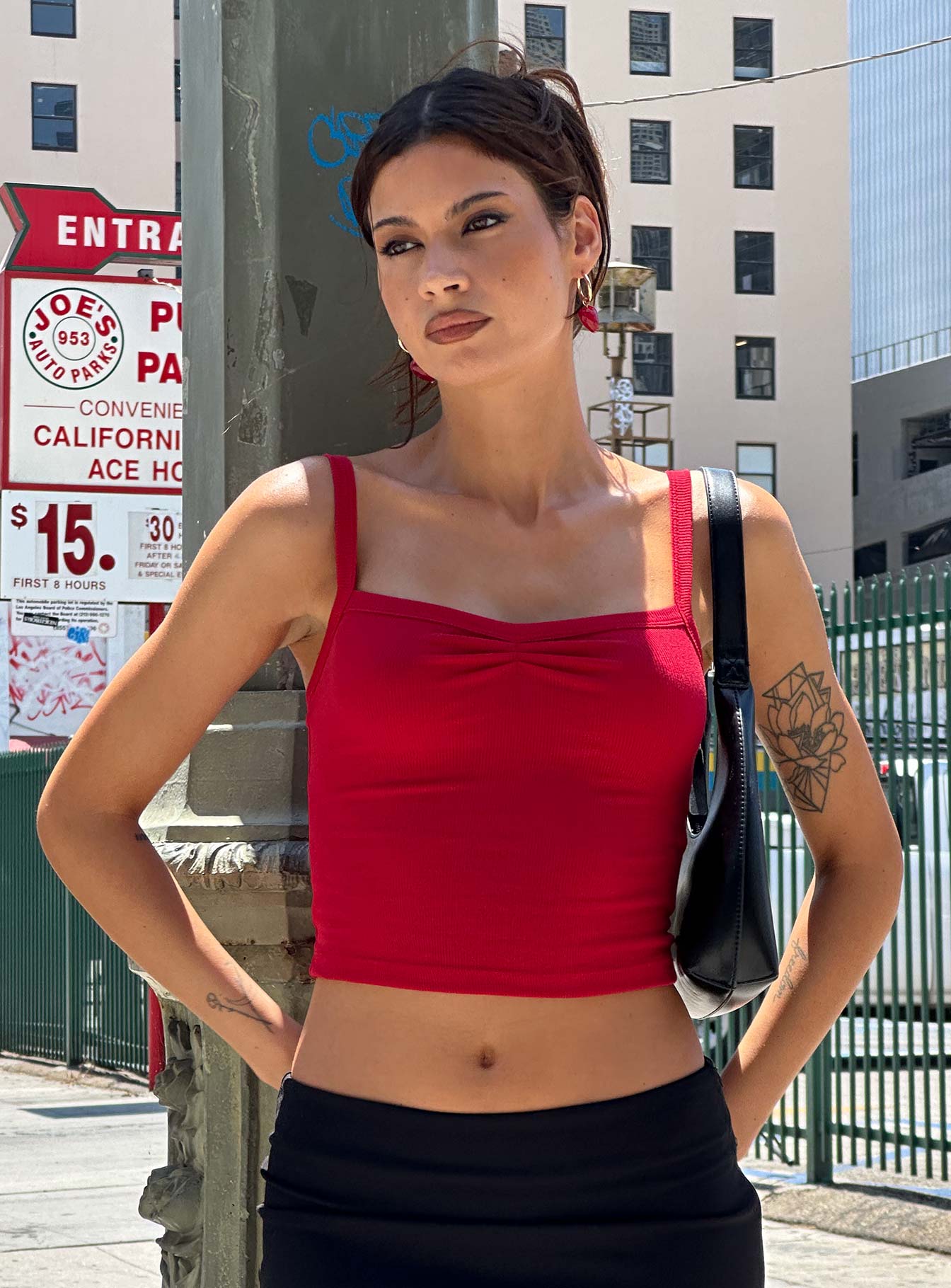 Essentials Ruched Rib Cami Top Red、mySite、solidvoid