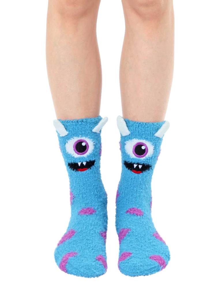 Fuzzy Blue One-Eyed Monster Crew Socks by Living Royal *、mySite、g9winljtr