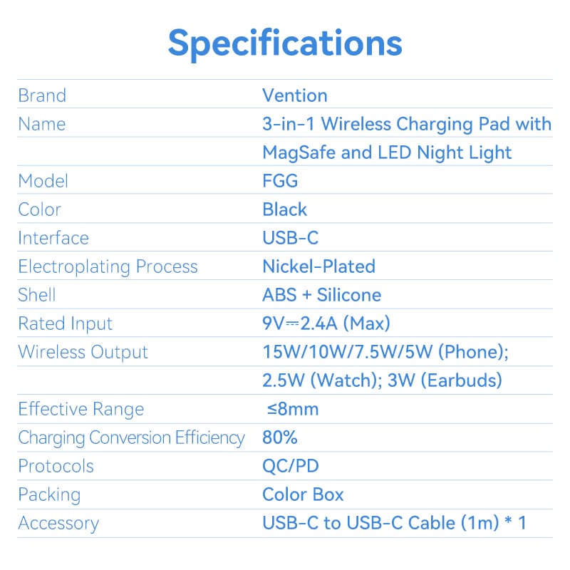 Vention 3-in-1 15W Wireless Charging Pad with MagSafe and LED Night Light Black、mySite、fannypackpong