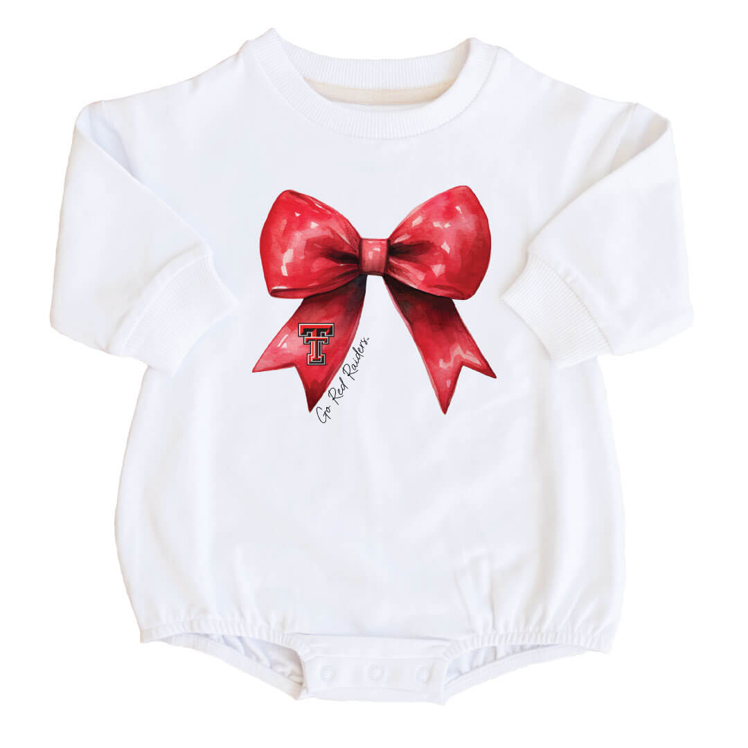  Texas Tech University | Footballs & Bows Graphic Sweatshirt Bubble Romper、mySite、layawaytickets