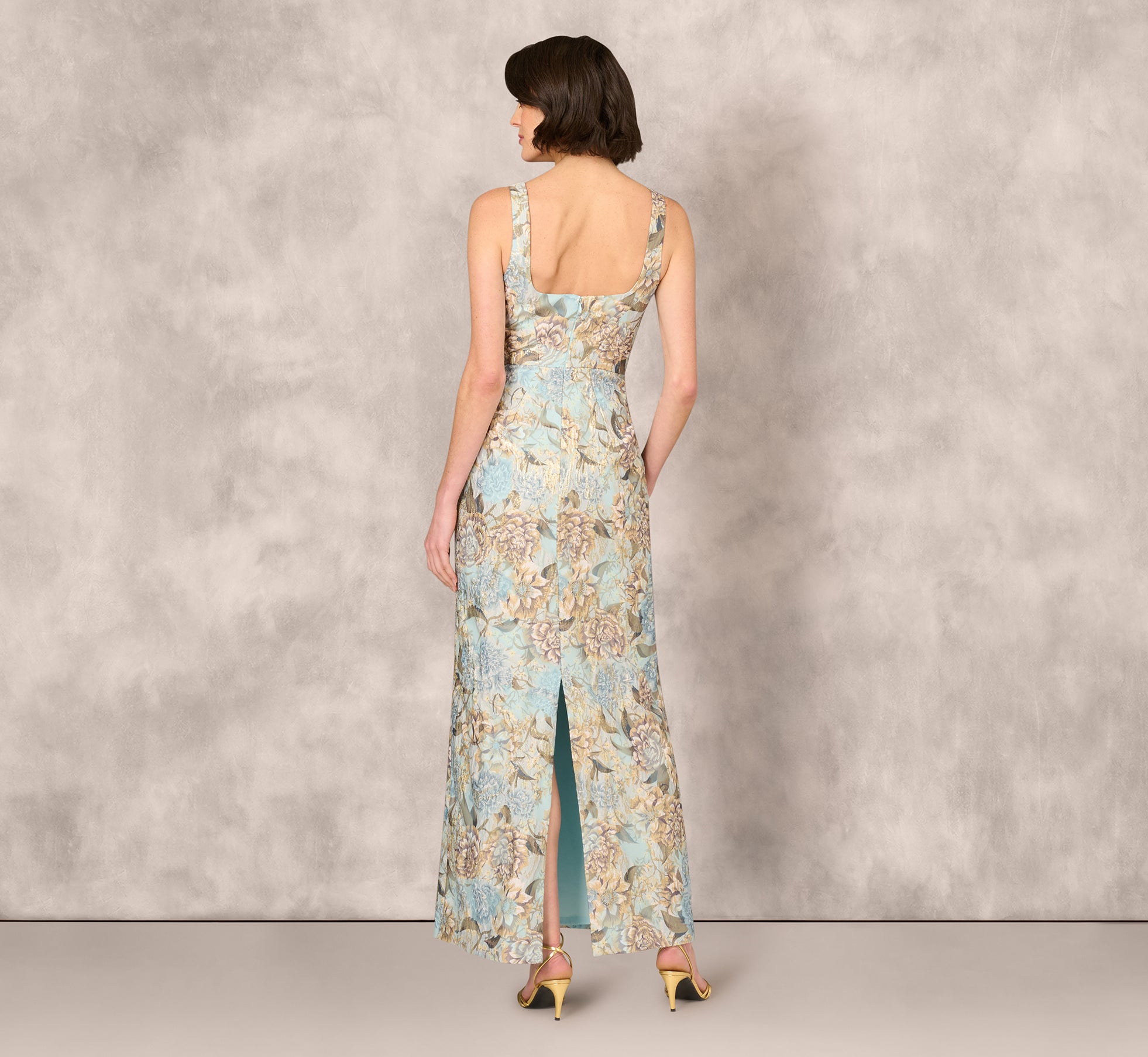 Sleeveless Square Neck Floral Jacquard Column Gown In Blue Gold、mySite、solidvoid