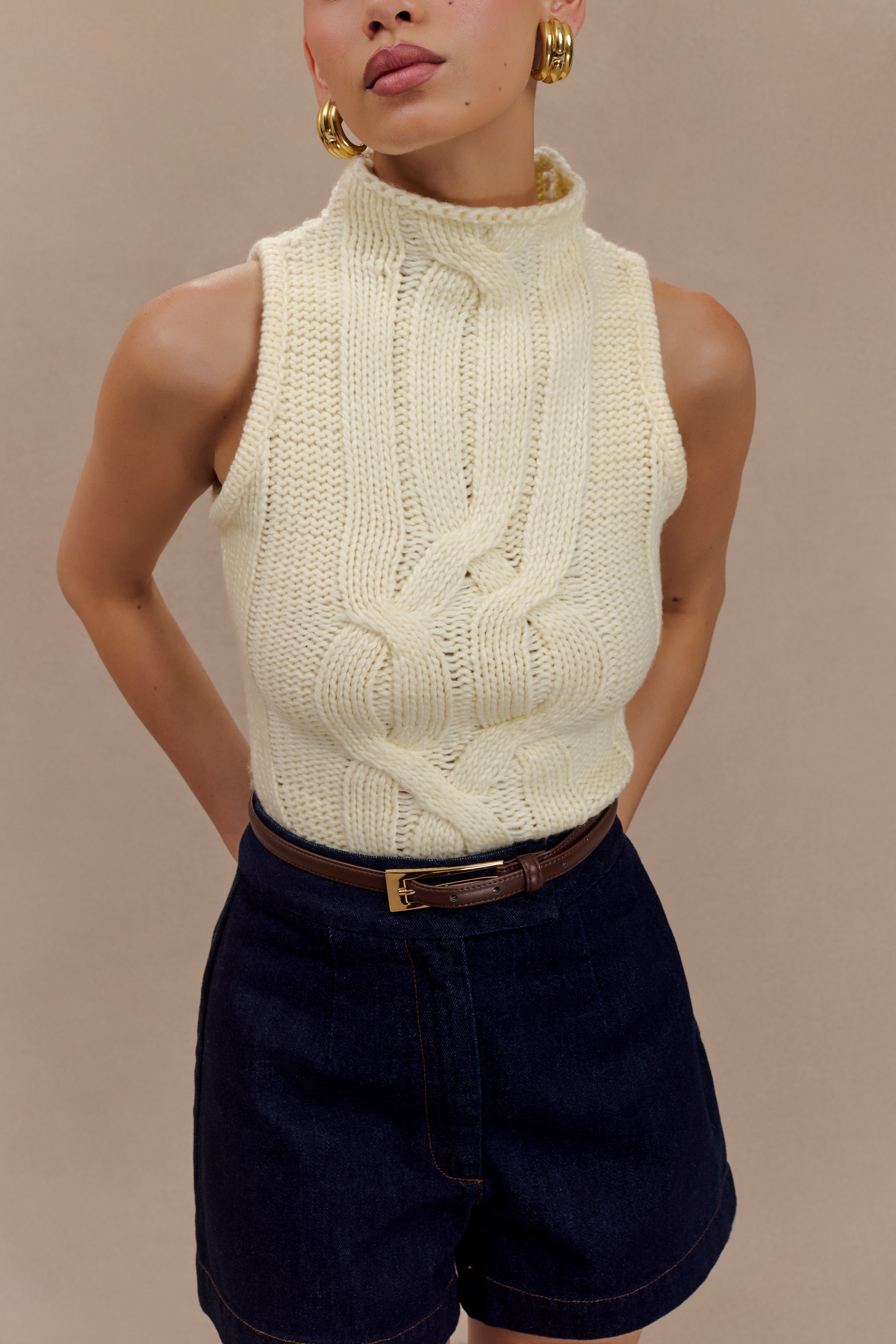 Roberta High Neck Cable Knit Top - Ivory、mySite、solidvoid