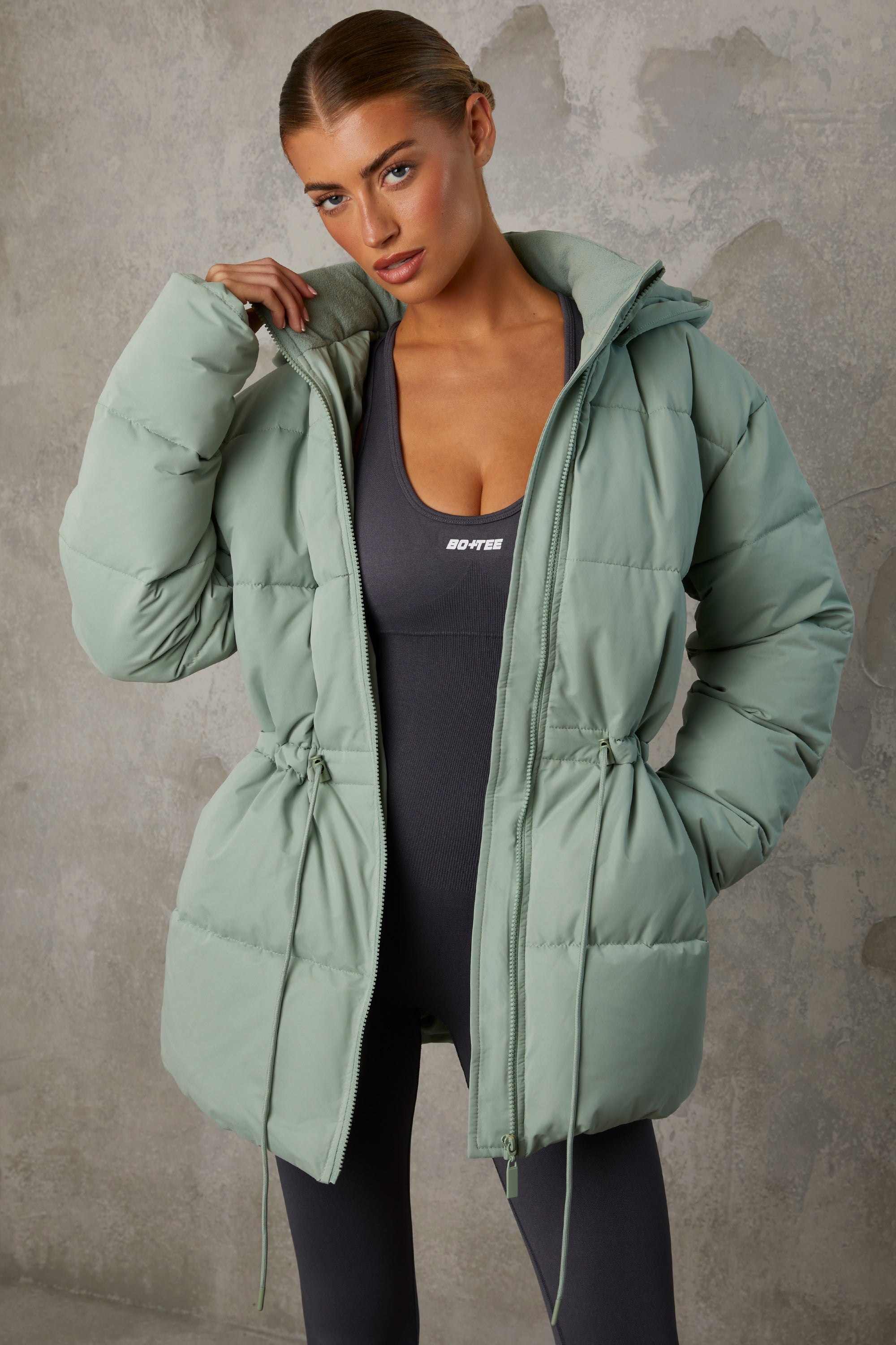 Mid Length Hooded Puffer Coat in Iceberg Green、mySite、solidvoid