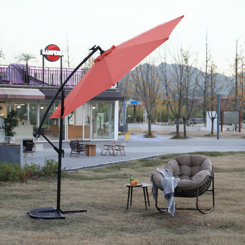10ft Solar LED Offset Hanging Market Patio Umbrella ( khaki )(No Base)、、eastwooduniform