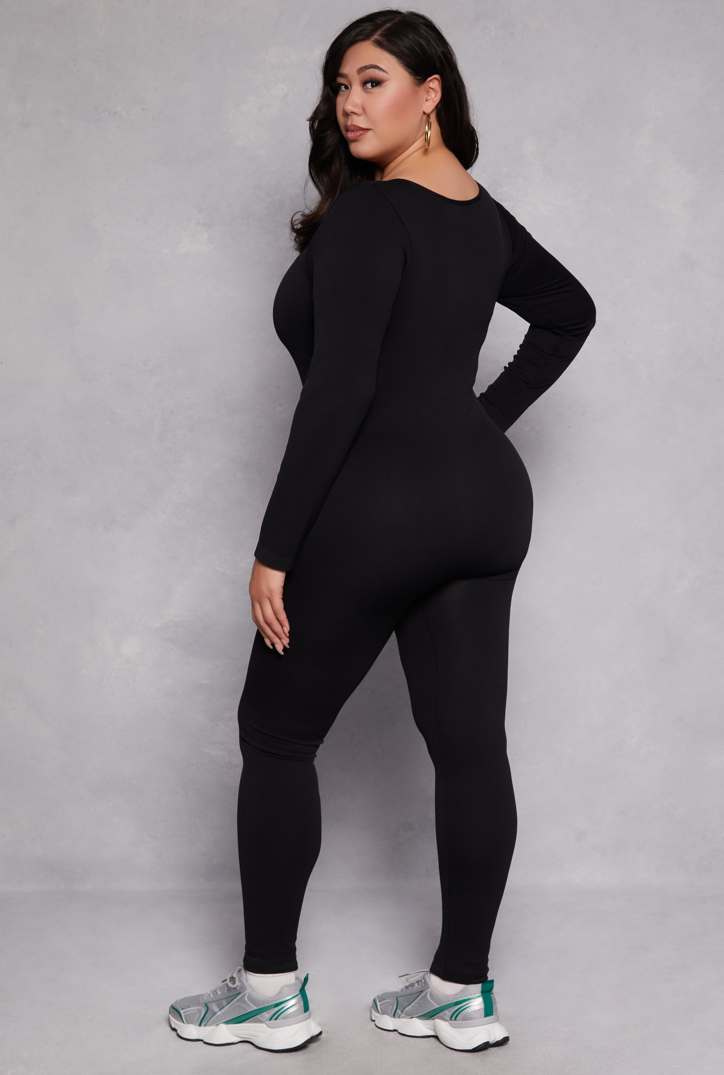 Plus Size Ribbed Knit Long Sleeve Catsuit、mySite、camillekostekn