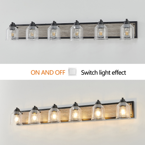 40&quot; Farmhouse Vanity Light Fixture, 5-Light Bathroom Wall Sconce with Clear Seeded Glass Shades, Black and Wood Grain Finish, Modern Industrial Design for Bathroom or Powder Room (No Bulbs)、、eastwooduniform