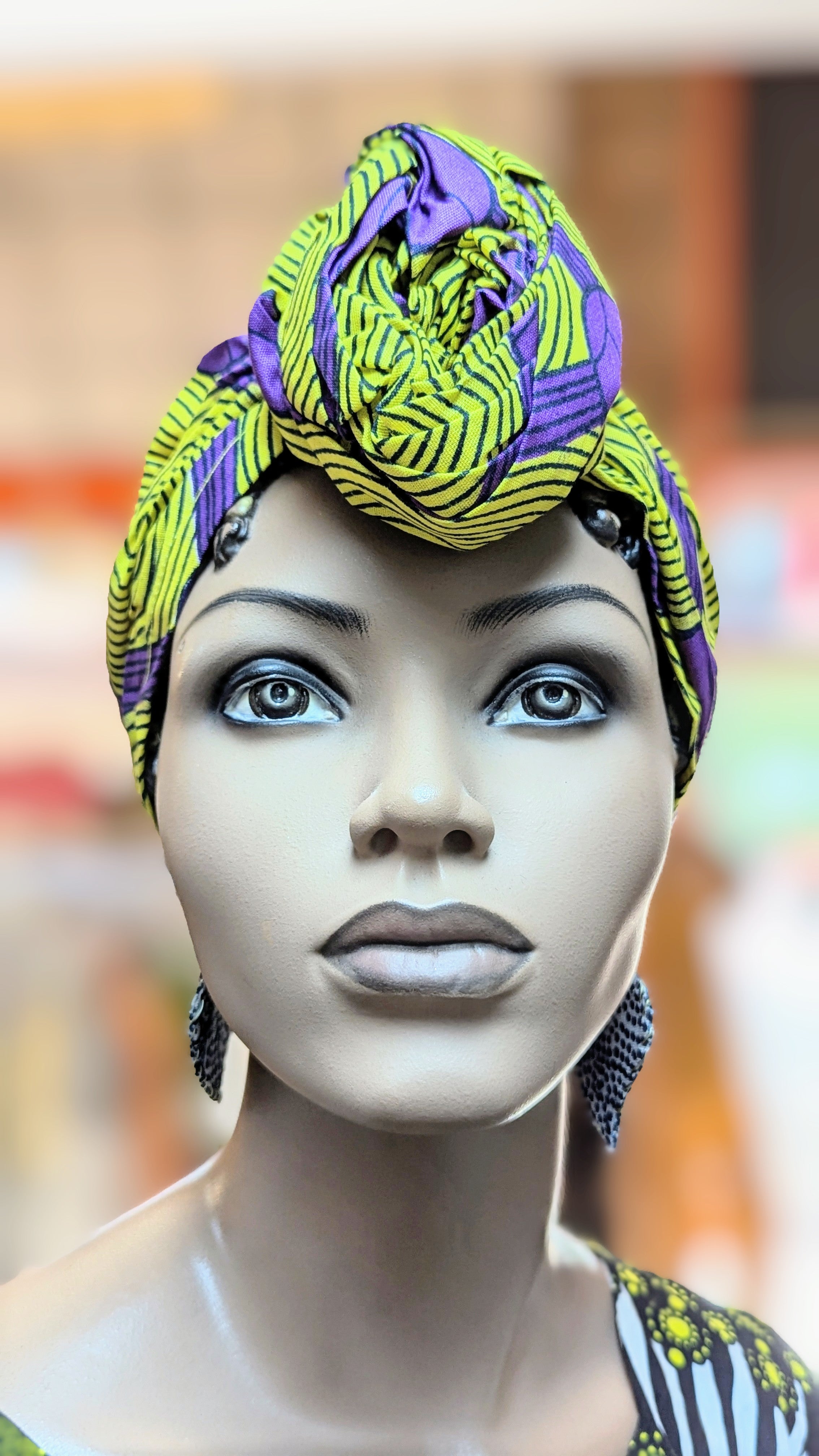 Dupsie's Kwezi Yellow and Purple African Print Cotton Pre-tied Head Wrap Hat DP3775PT8、mySite、solidvoid