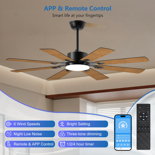 52 Inch Ceiling Fan with Lights and Remote Control, 8 Plywood Blades, 6-Speed Noiseless Reversible DC Motor, 3CCT, Windmill Ceiling fan for Kitchen Bedroom Living Room, Black、、eastwooduniform