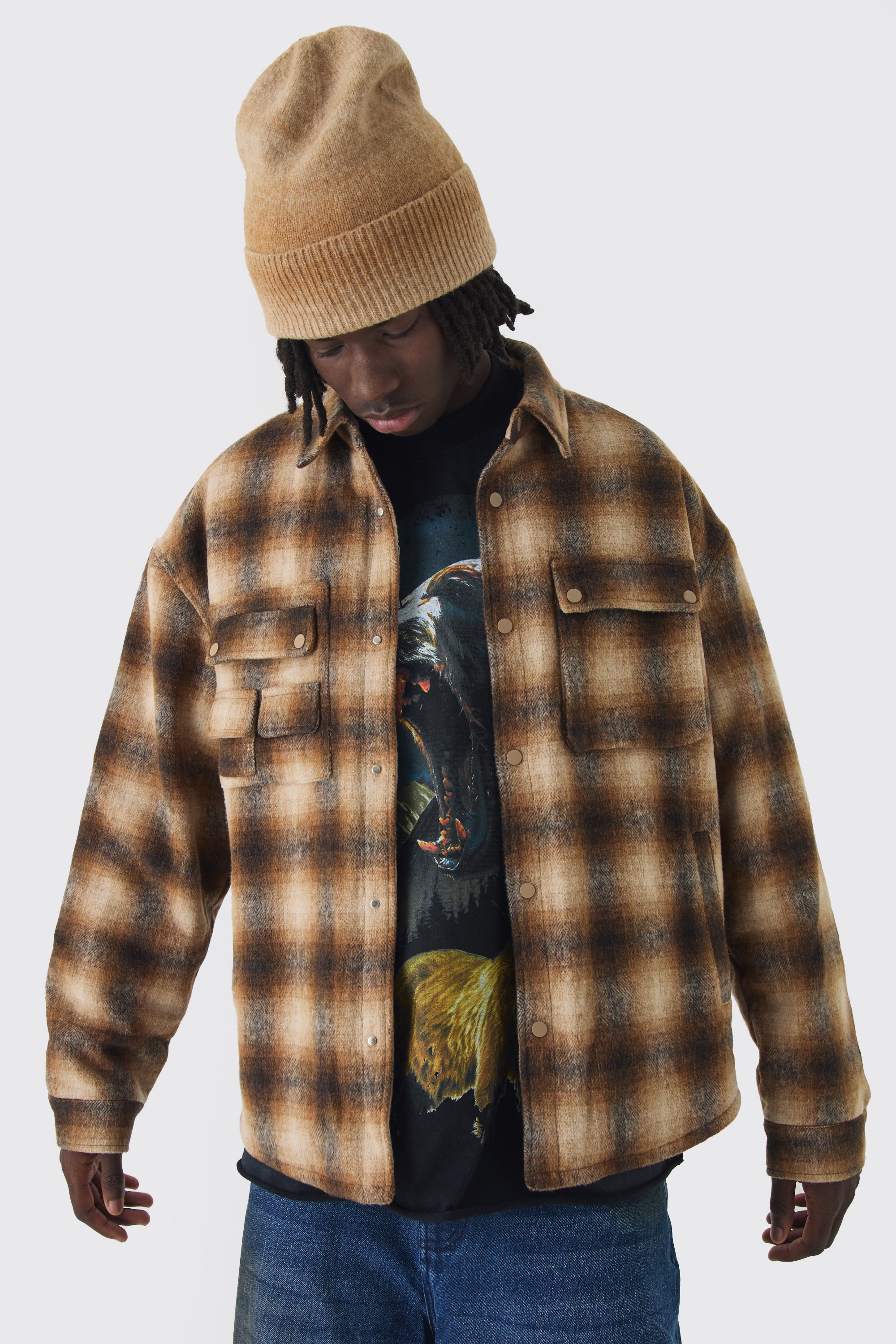  Boohooman Oversized Padded Check Cargopocket Overshirt Brown、mySite、justintrudeaud