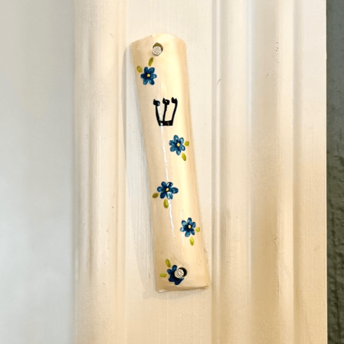 Handmade Ceramic Flower Mezuzah - White and Blue、mySite、topwebapps