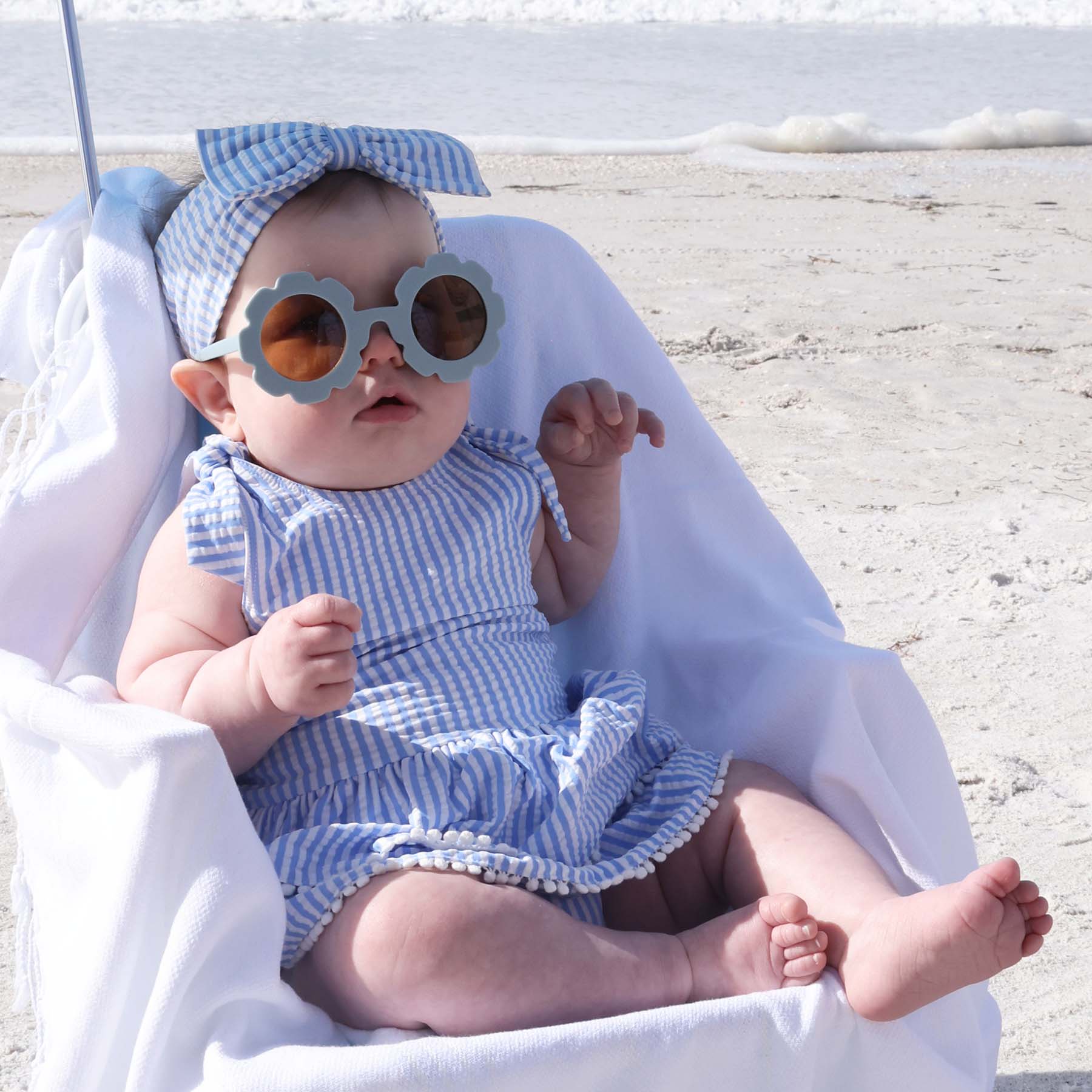  Tiered Skirt with White Pom Trim | Seersucker Blue、mySite、layawaytickets